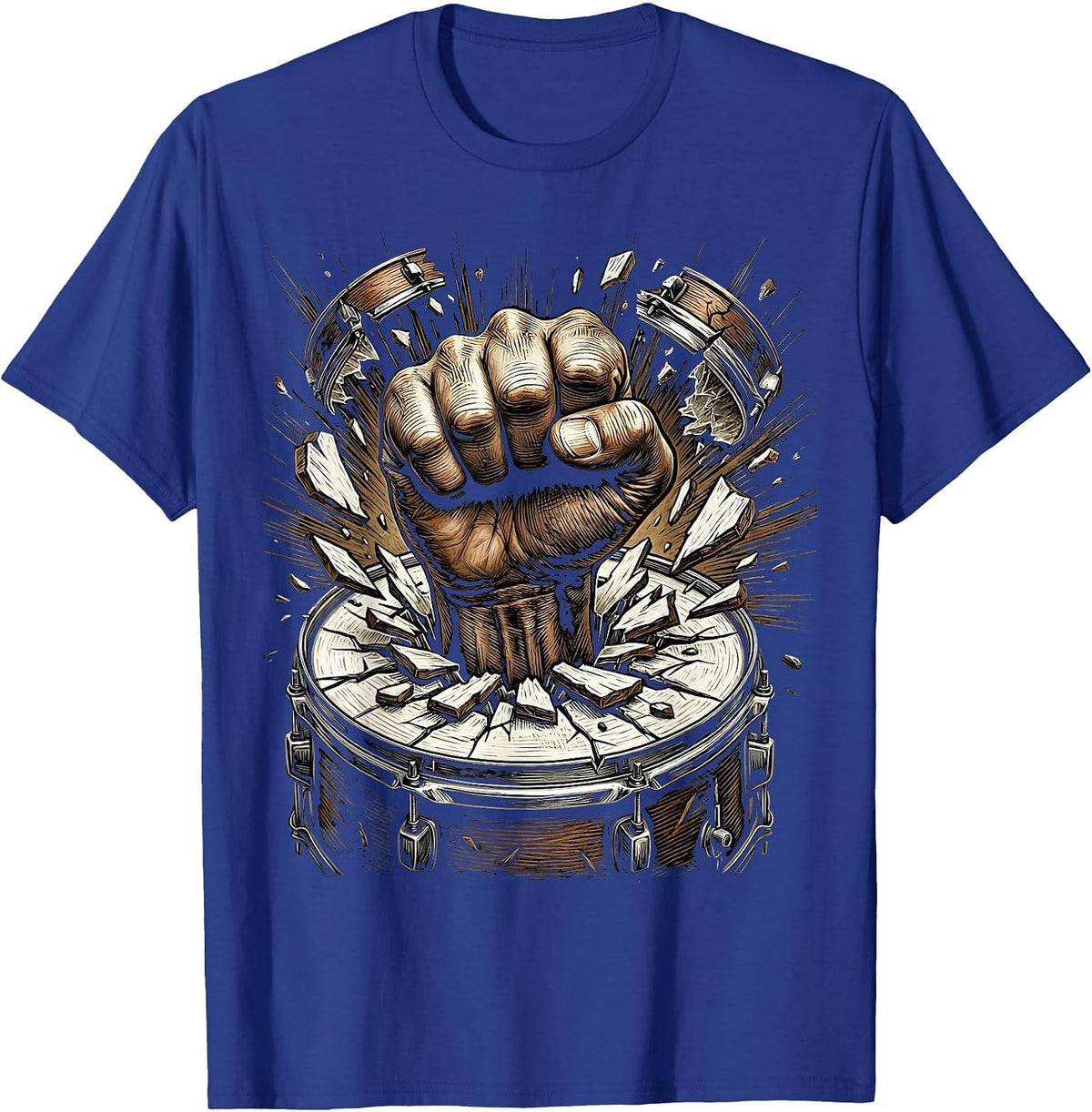 Fist Through Bass Drum Rock Music Graphic T-Shirt - Royal Blue