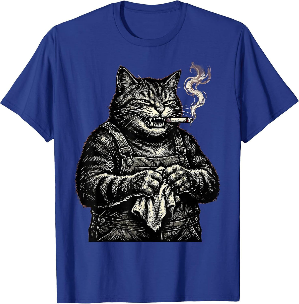 Men's Cat Mechanic With Cigarette Graphic Design T-Shirt - Royal Blue