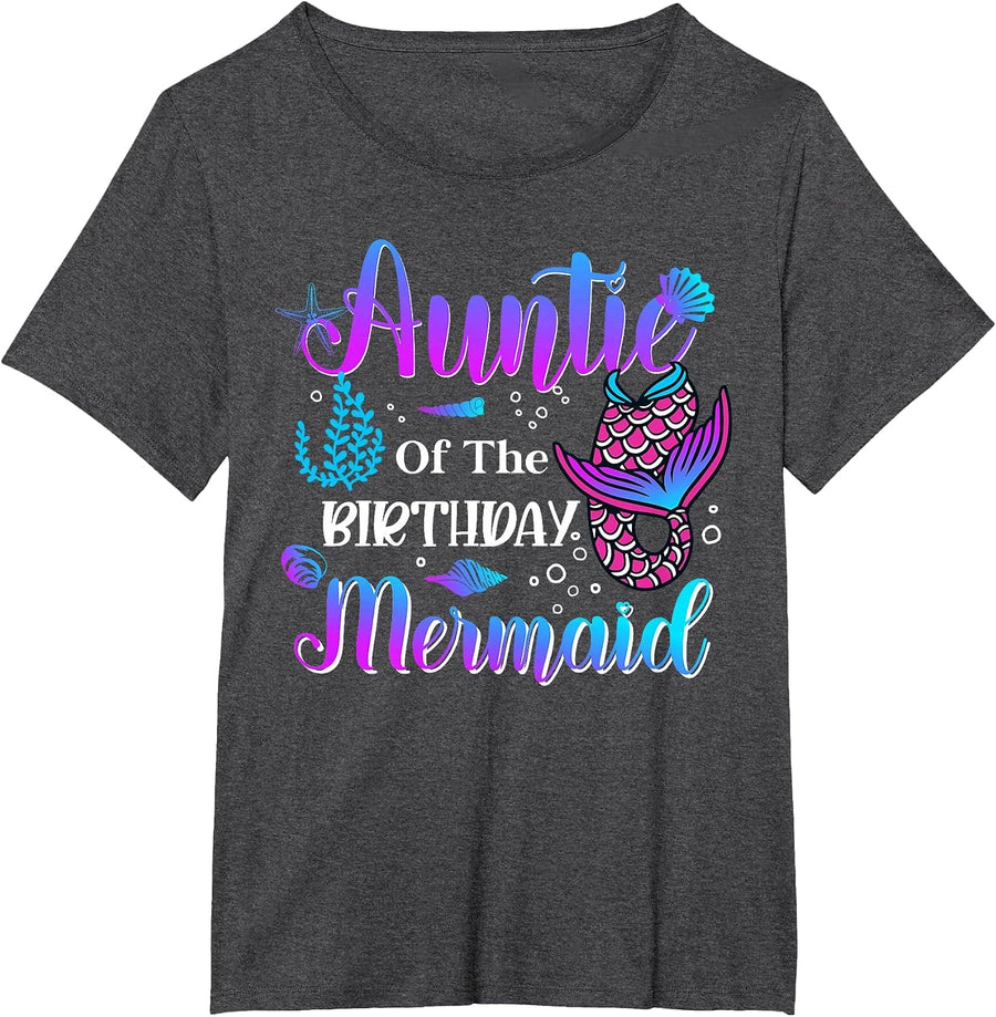 Auntie of The Birthday Mermaid Funny Matching Family Mermaid T-Shirt - Dark Heather Grey