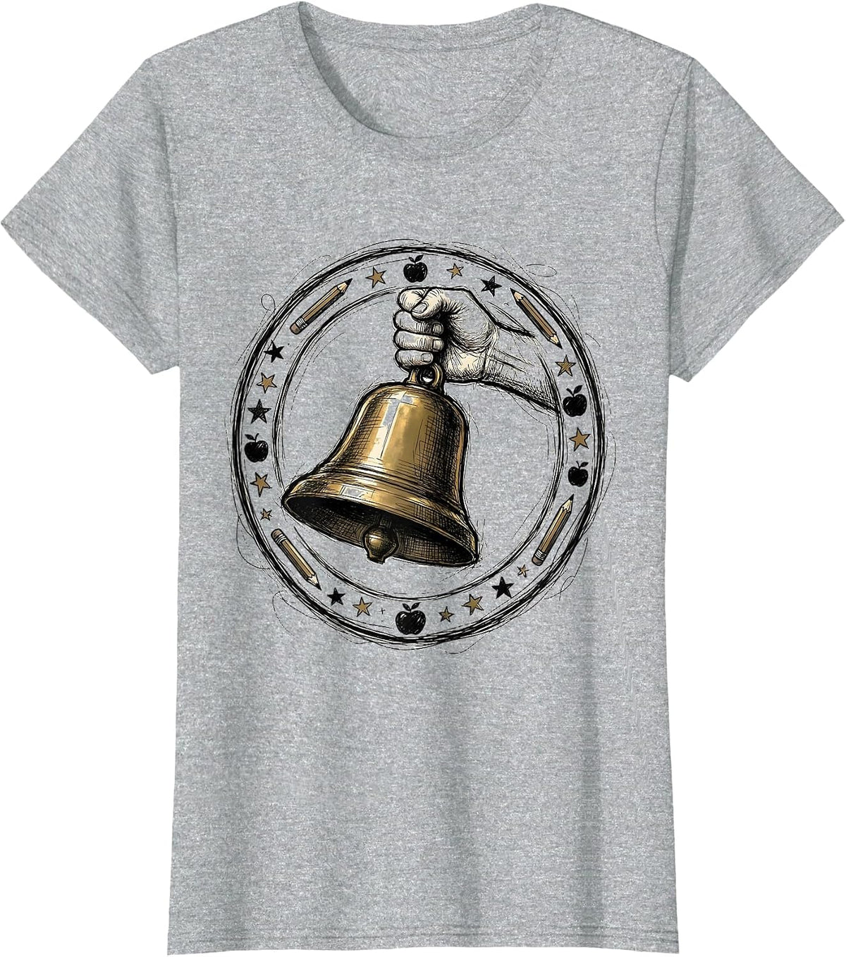 Kindergarten Teacher Ringing School Bell Graphic T-Shirt - Heather Grey