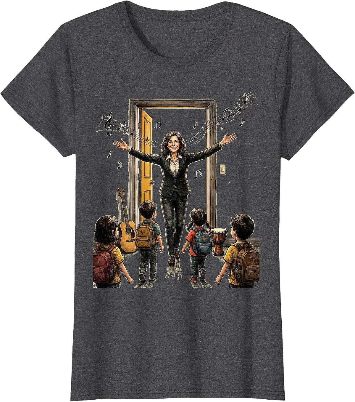 Women's Music Teacher Welcoming Students Back to School T-Shirt - Dark Heather Grey