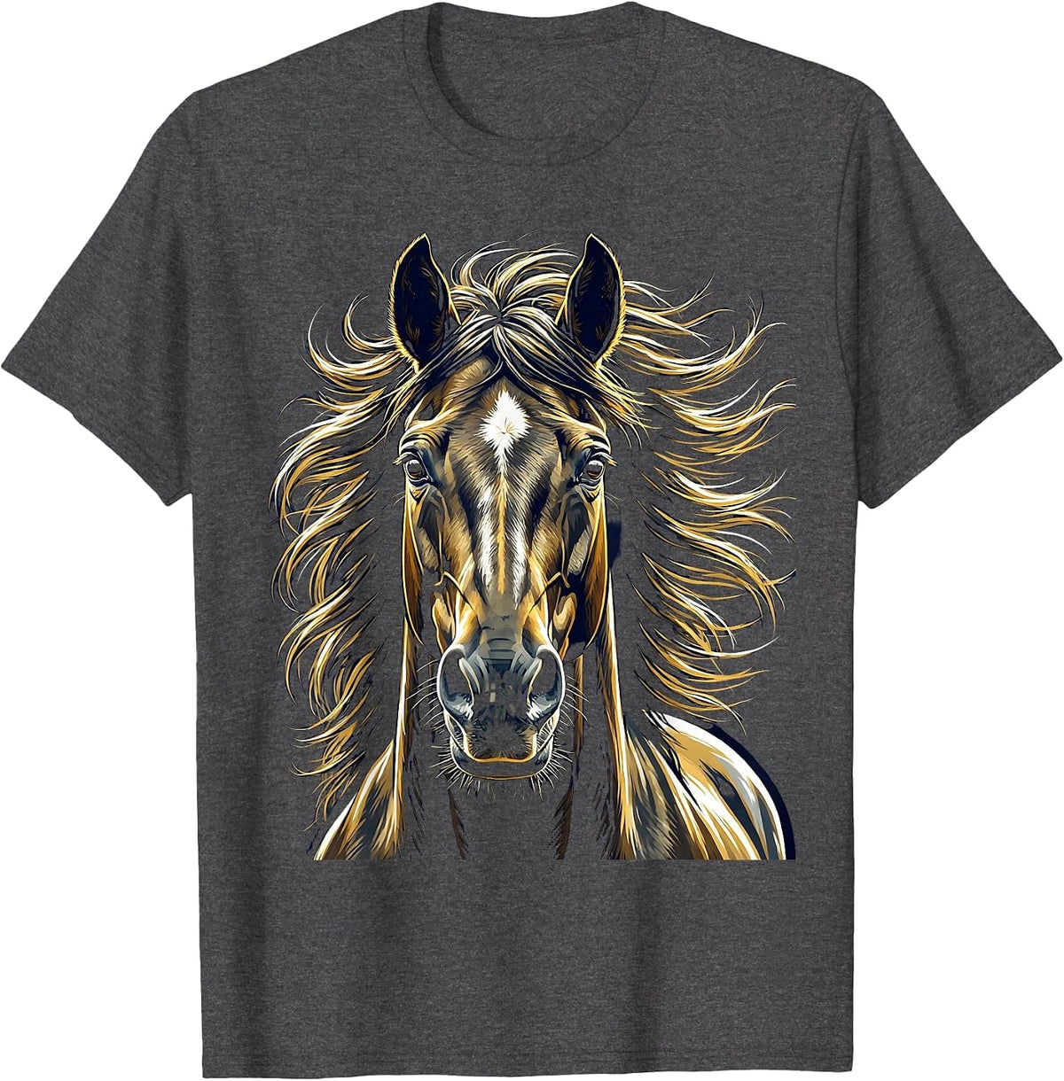 Horse Head Portrait Windswept Mane Equestrian Art T-Shirt - Dark Heather Grey