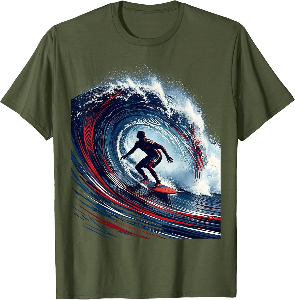 Surfer Riding Massive Ocean Wave Curl Graphic T-Shirt - Olive Green