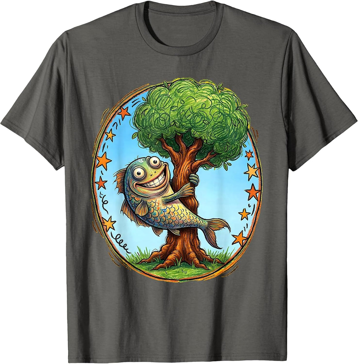 Funny Fish Climbing a Tree Stupid Humor Design T-Shirt - Asphalt Grey