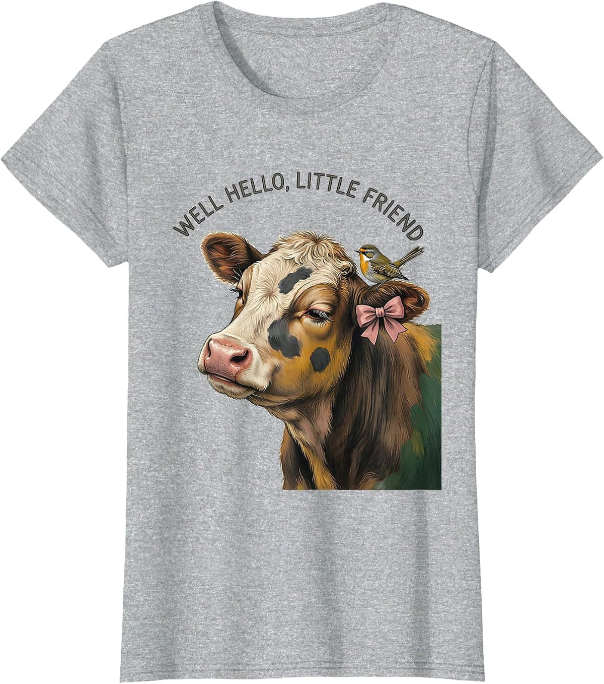 Well Hello, Little Friend Cute Cow Print Bow Pattern T-Shirt - Heather Grey