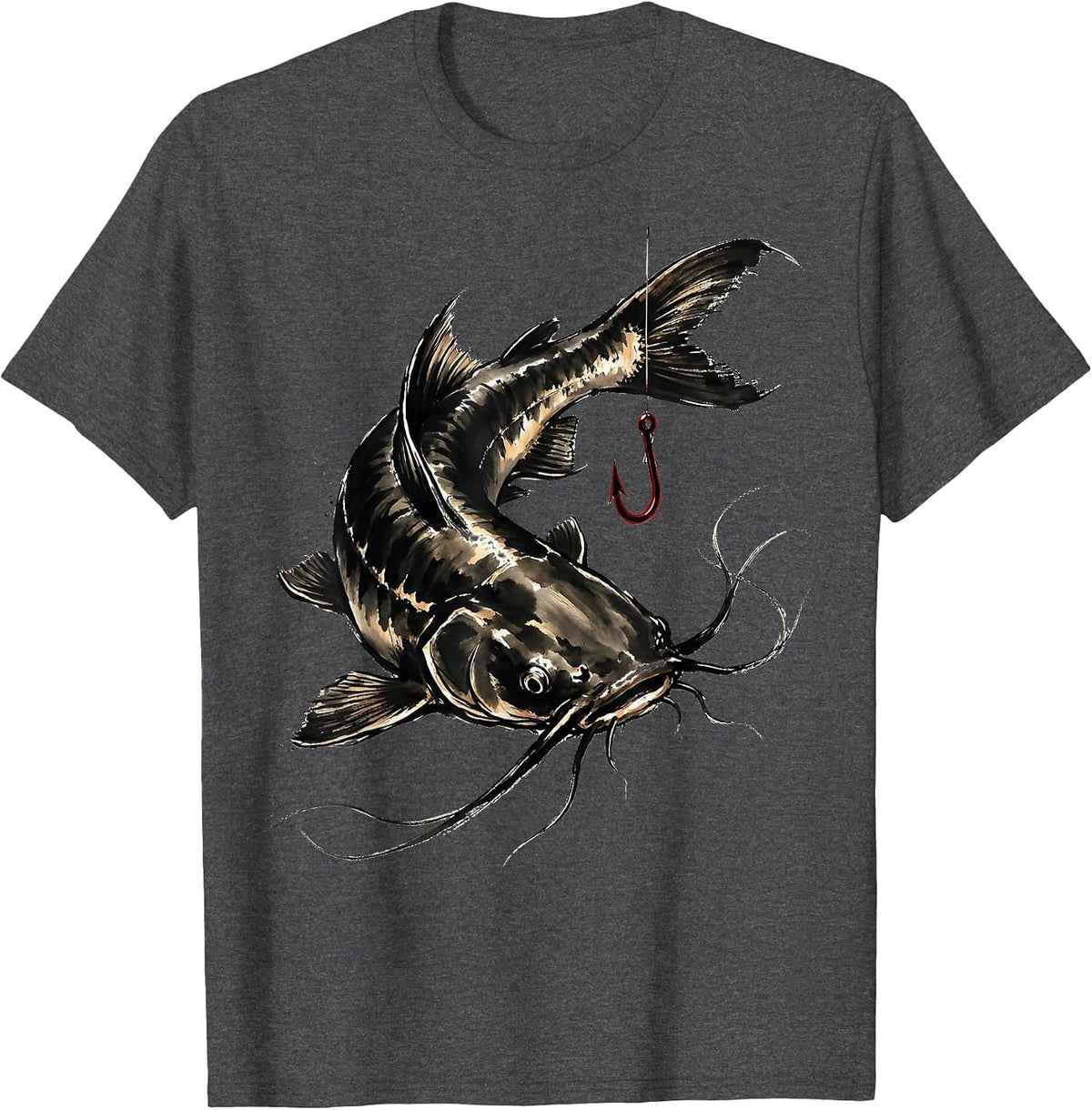 Catfish Ink Brush Christian Fishing Faith Gift T-Shirt - Dark Heather Grey