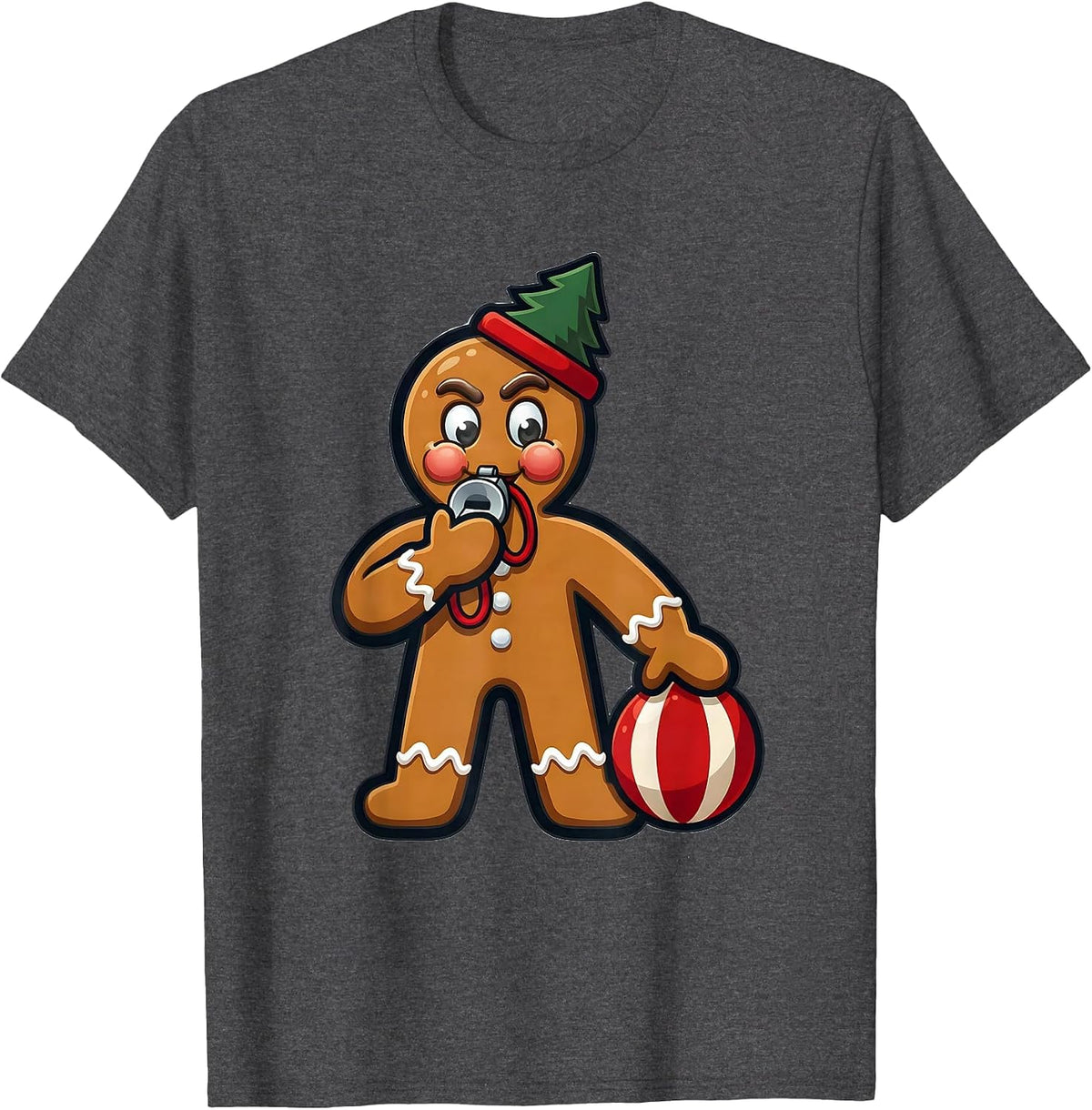Gingerbread PE Teacher Mascot Cheerful Festive Holiday T-Shirt - Dark Heather Grey