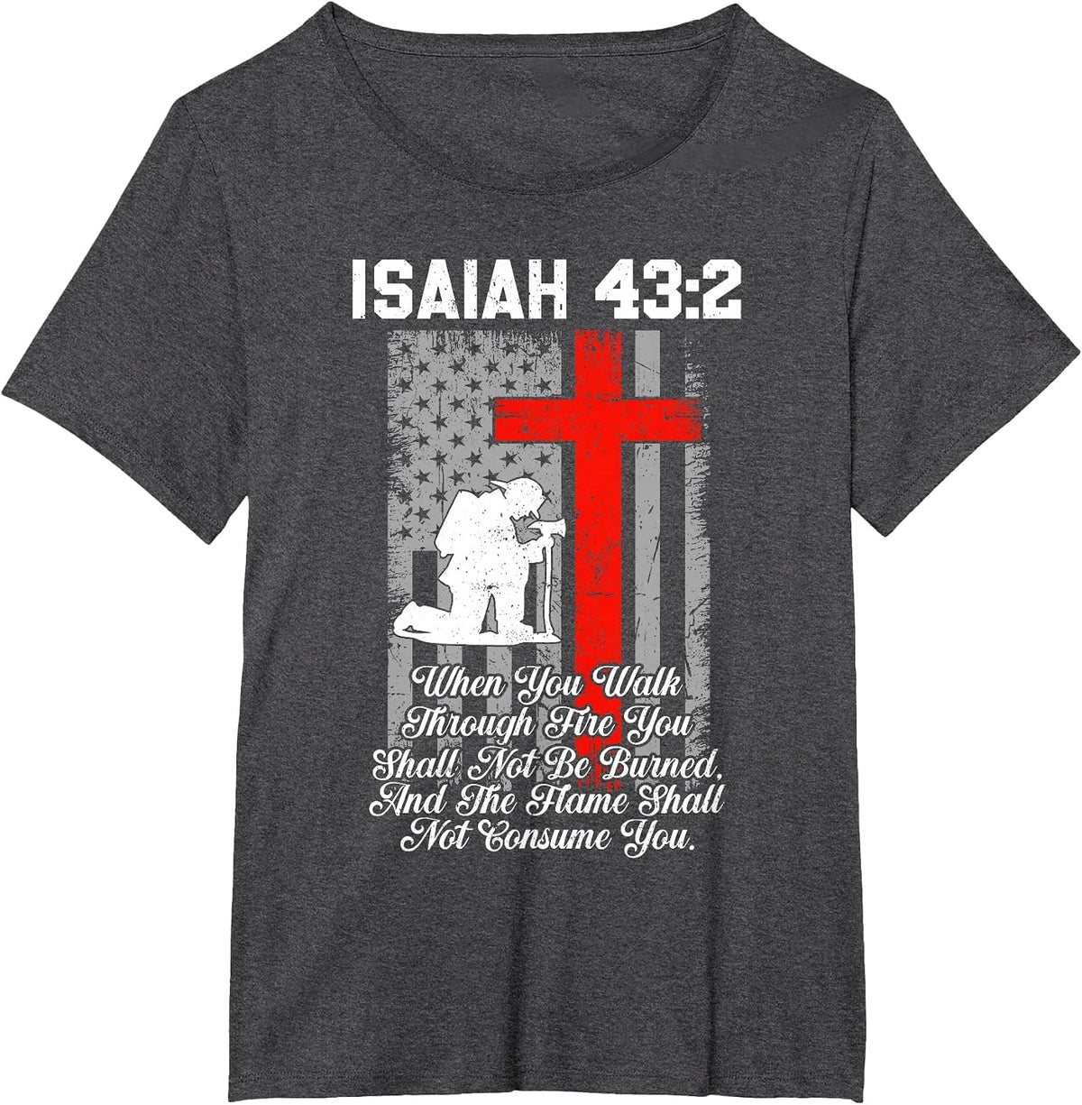 Patriotic American US Flag Firefighter Cross Christian T-Shirt - Dark Heather Grey