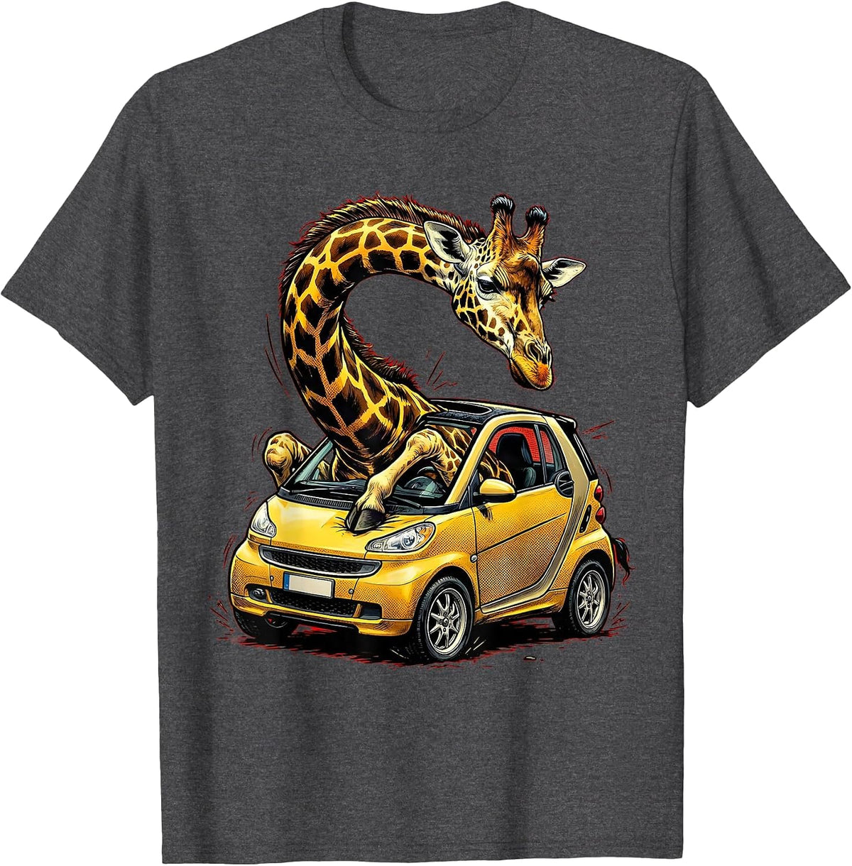 Funny Giraffe Squeezing Into Tiny Car Illustration T-Shirt - Dark Heather Grey