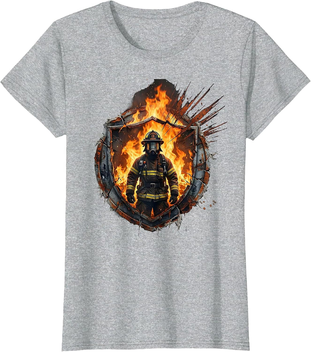 Firefighter Emerging From Inferno Backlit Design T-Shirt - Heather Grey