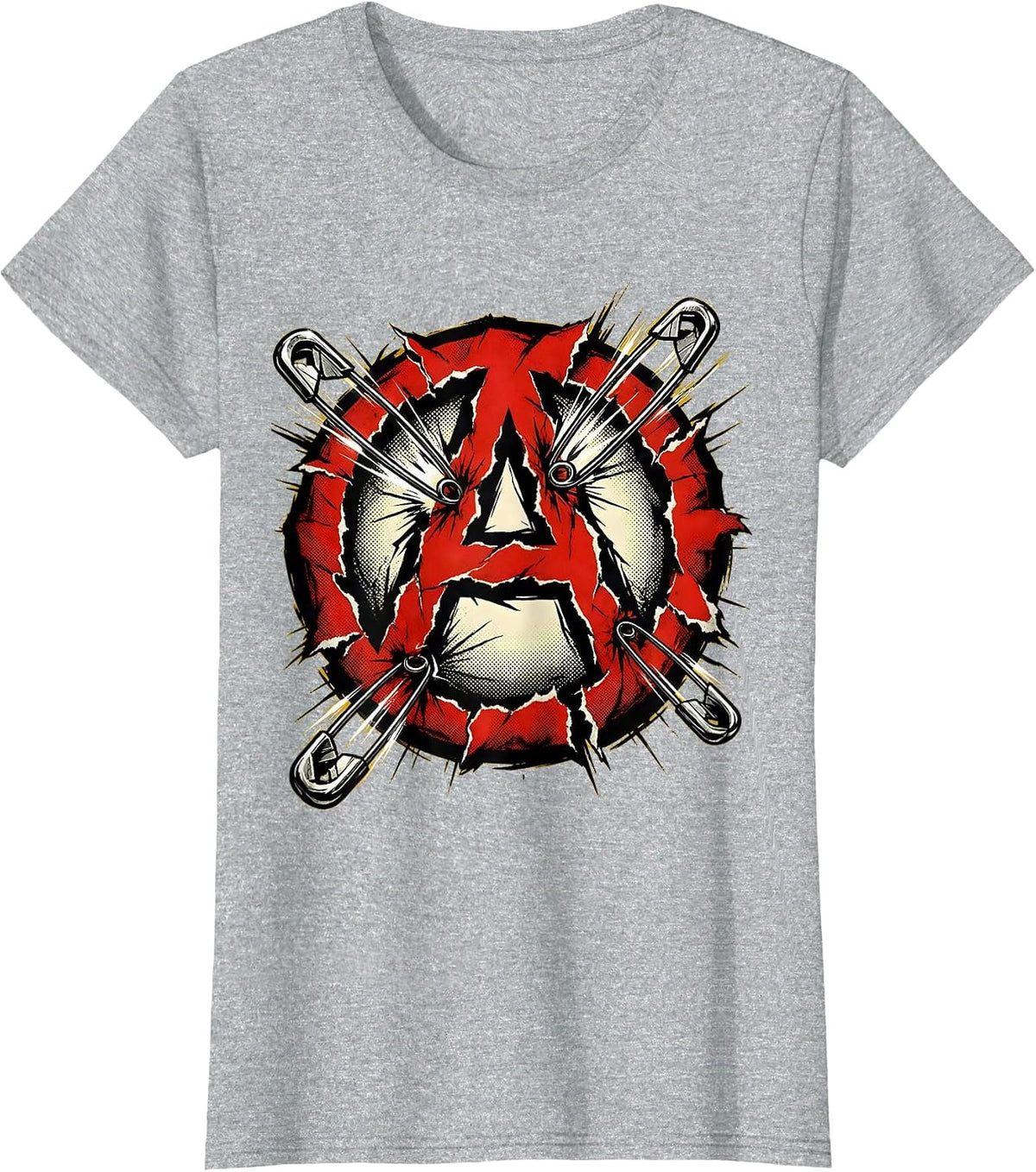 Women's Punk Anarchy Symbol Ripped Safety Pin Design T-Shirt - Heather Grey