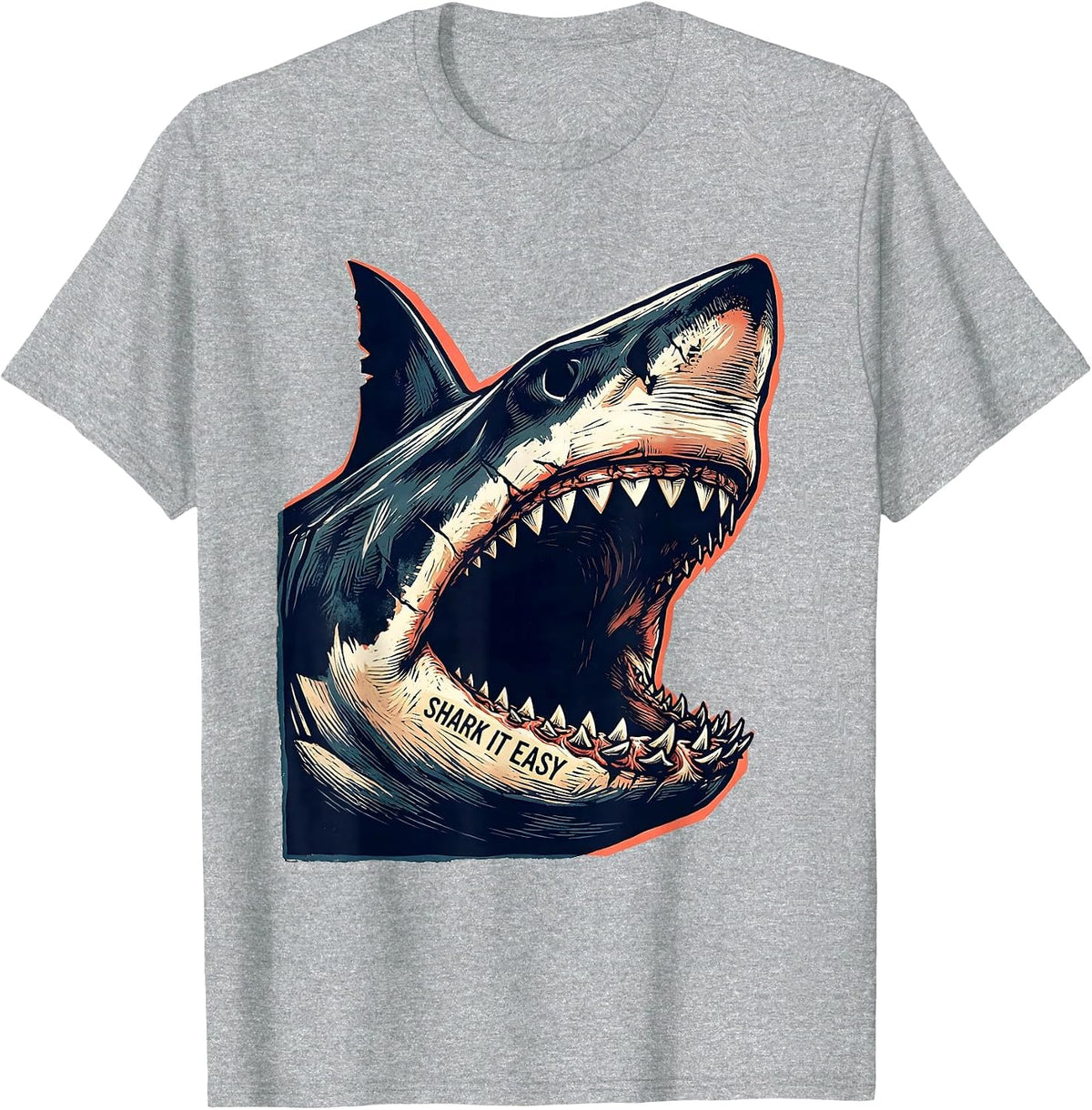 Men's Shark It Easy Linocut Funny Shark Lover Ocean Animal Humor T-Shirt - Heather Grey