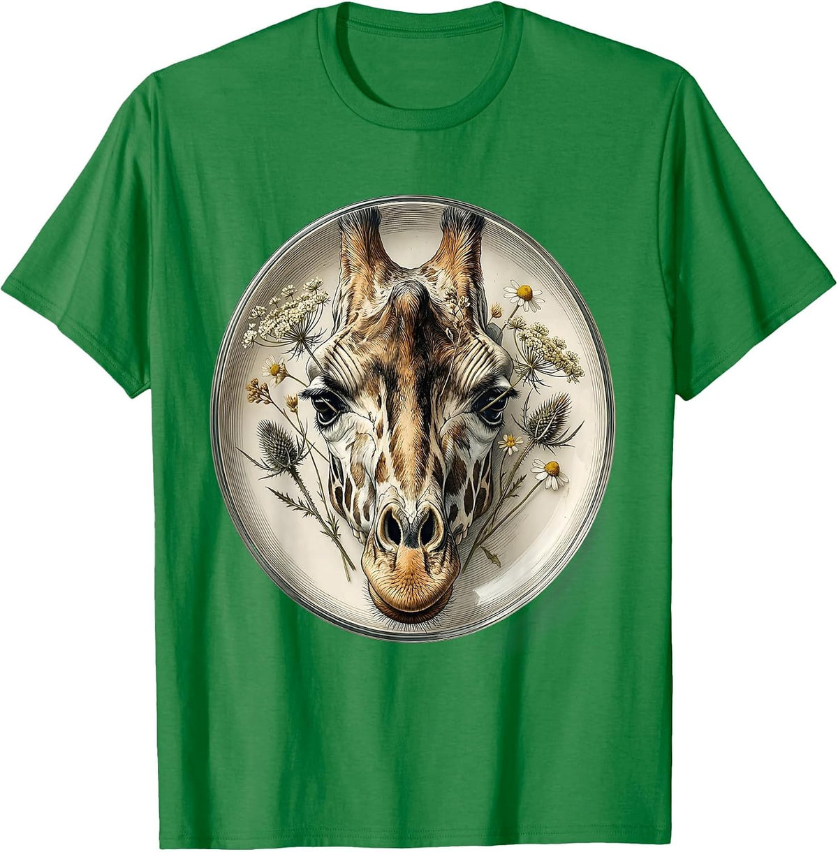 Men's Giraffe Skull Wildflowers Gothic Nature Art T-Shirt - Kelly Green