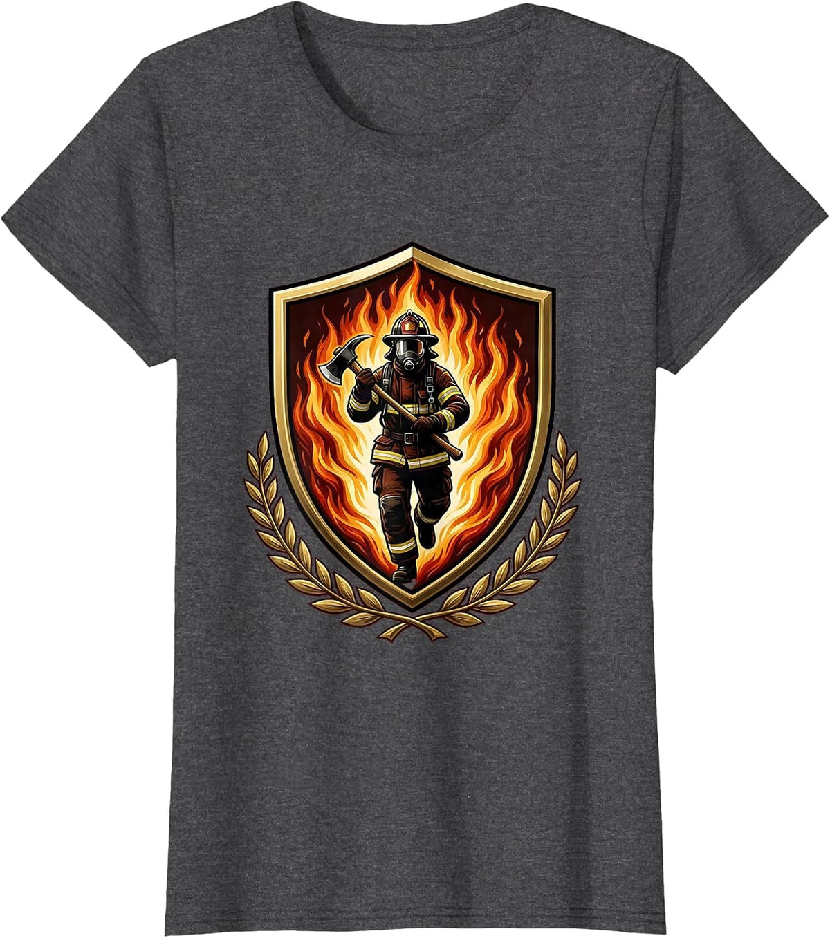 Women's Firefighter Silhouette Emerging From Wall of Flames T-Shirt - Dark Heather Grey