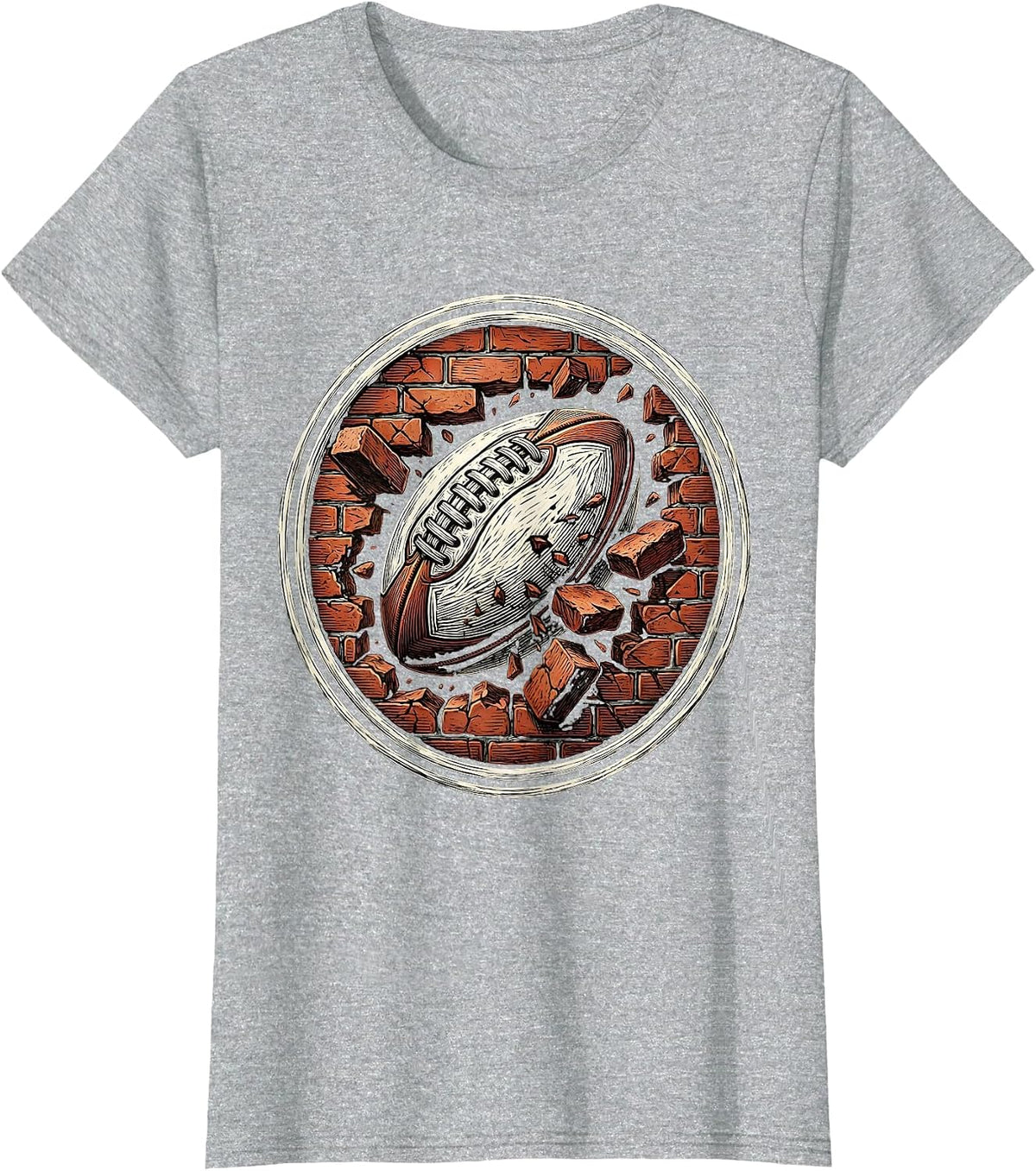 Rugby Ball Smashing Through Brick Wall Graphic T-Shirt - Heather Grey