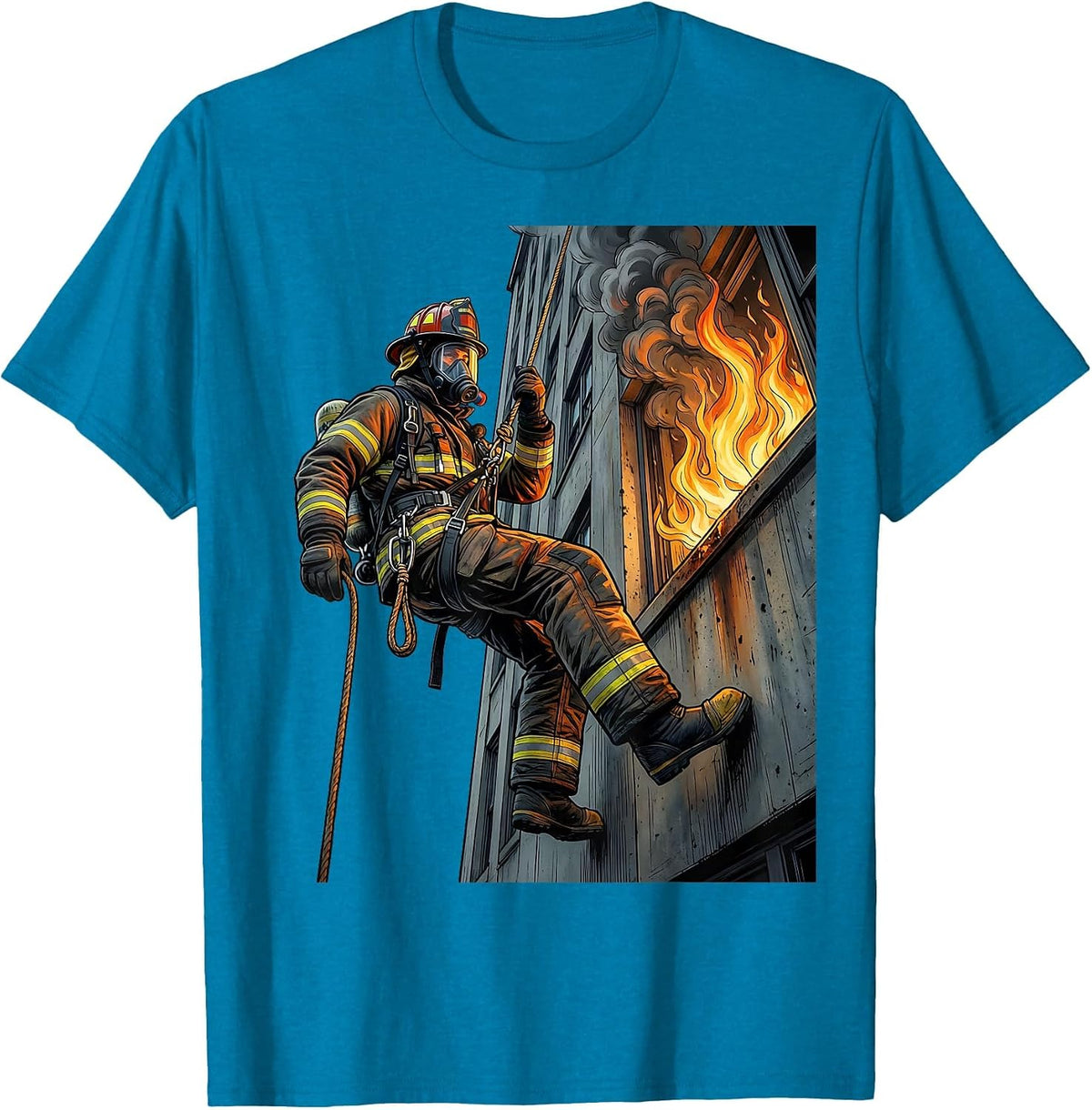 Firefighter Rappelling Down Building Graphic T-Shirt - Sapphire Blue