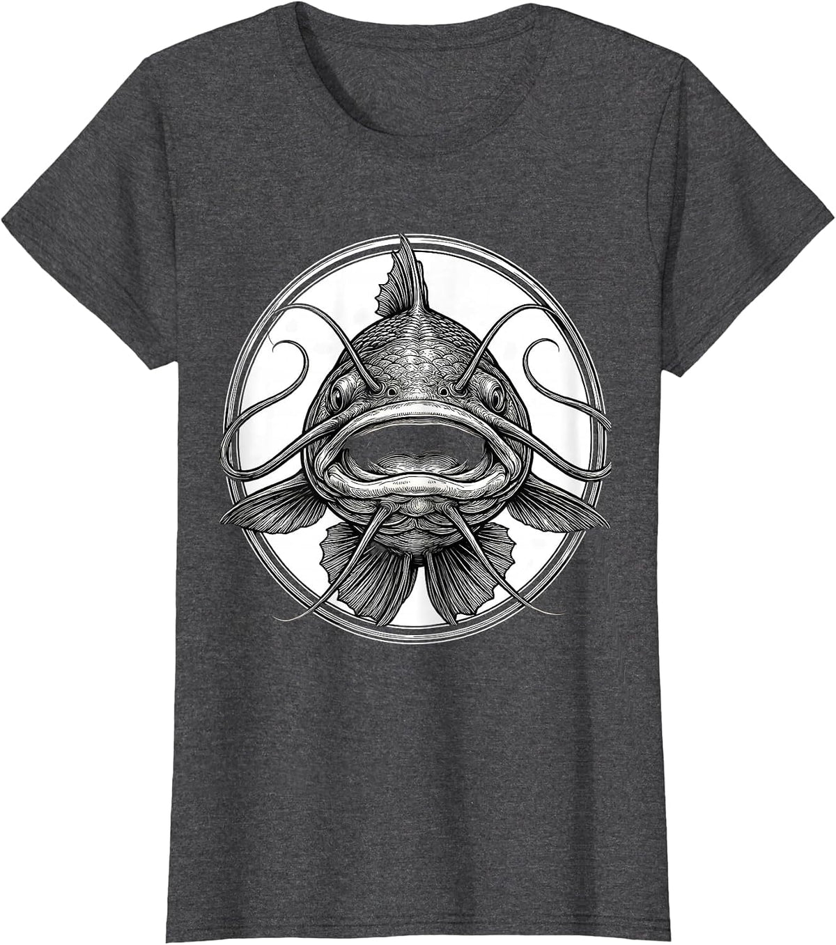 Women's Catfish Face Forward Fishing Graphic Design T-Shirt - Dark Heather Grey