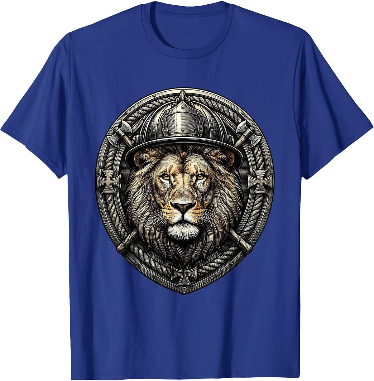 Lion Face Firefighter Helmet Graphic Design T-Shirt - Royal Blue