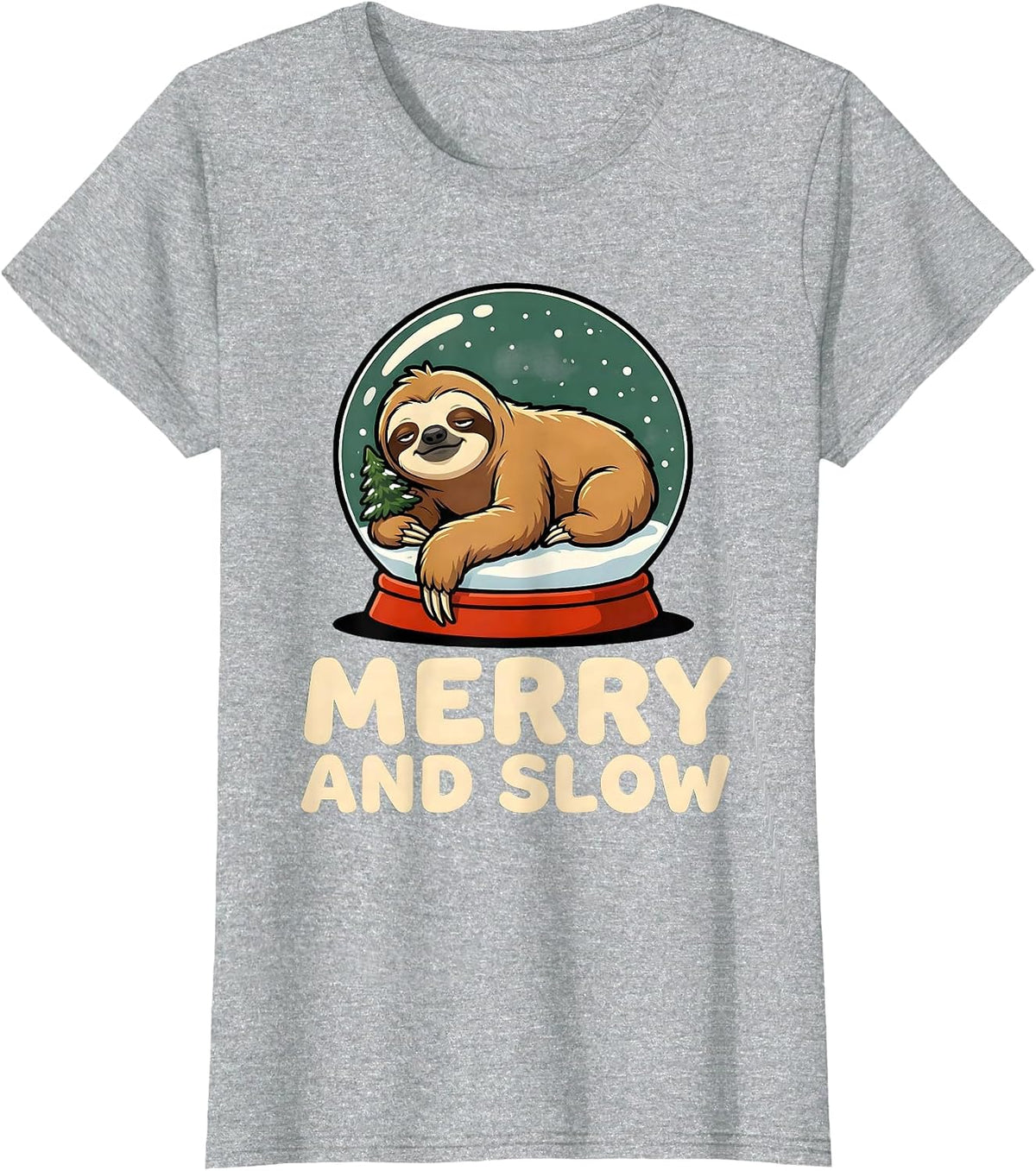 Women's Merry And Slow Cartoon Sloth Humor Ugly Christmas Sweater T-Shirt - Heather Grey