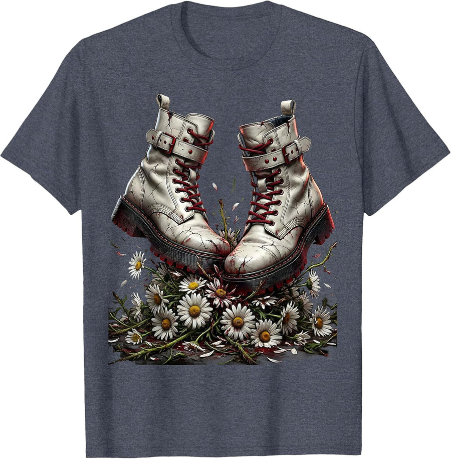 Emo Boots Stomping Daisies Graphic Design T-Shirt - Heather Blue