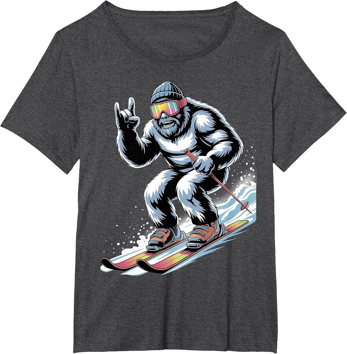 Funny Skiing Bigfoot Ski Winter Sport Snowboarder Skier T-Shirt - Dark Heather Grey