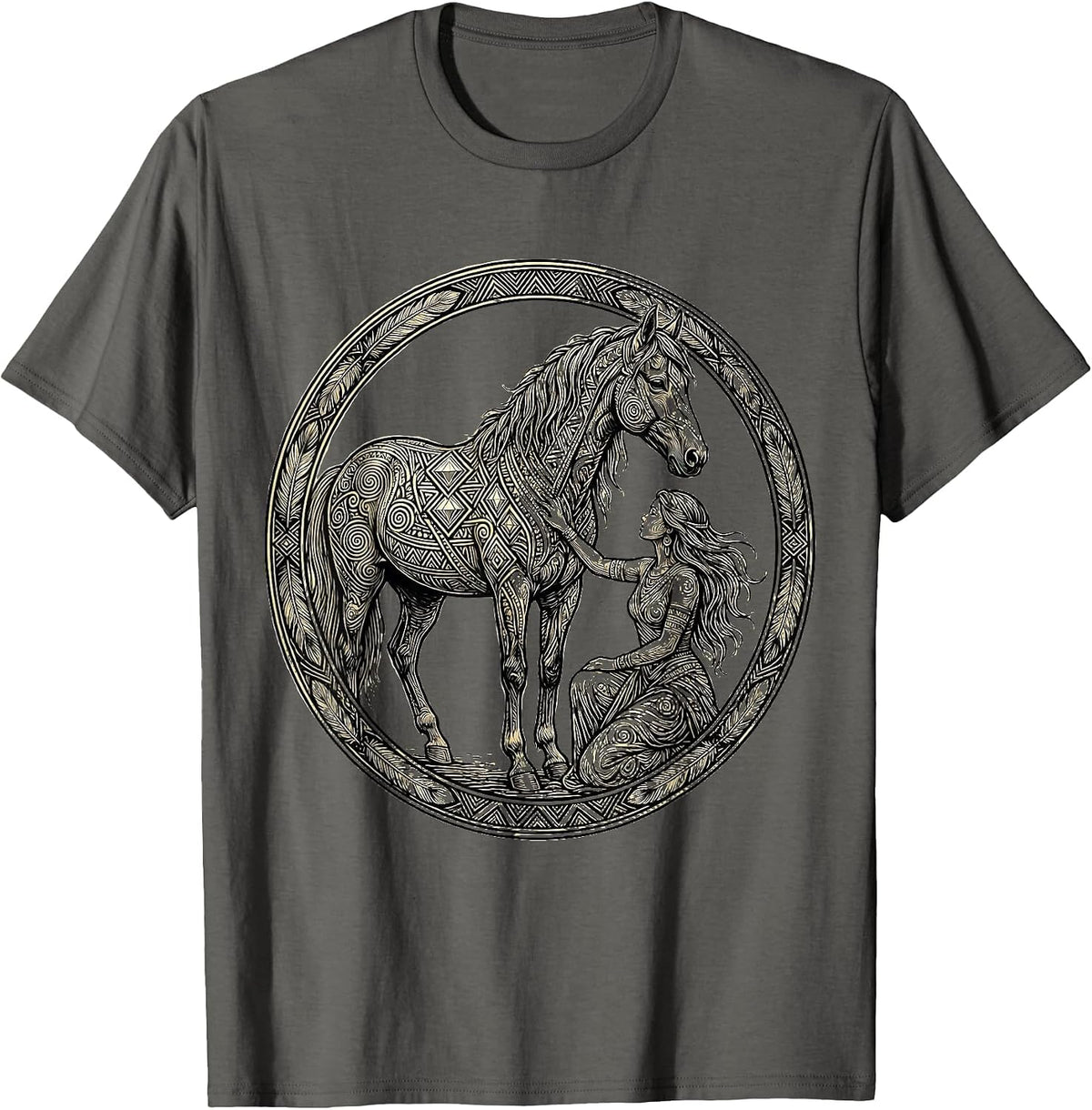 Woman Painting Horse Colorful Tribal Art Design T-Shirt - Asphalt Grey