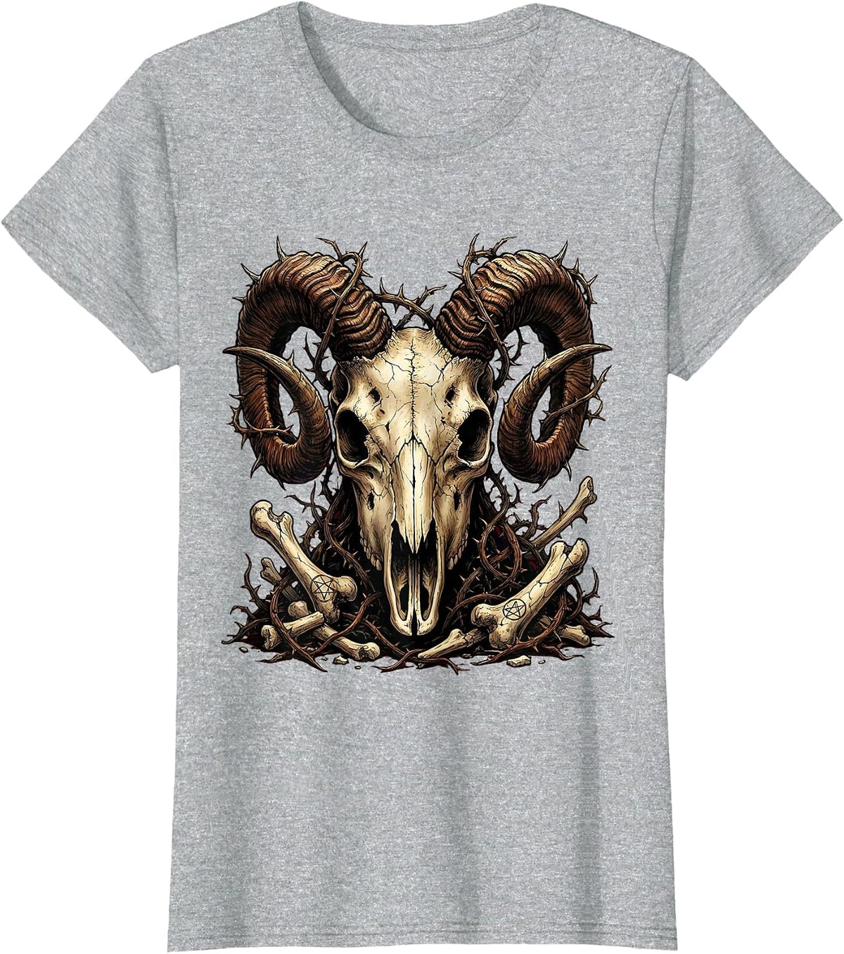 Demonic Goat Skull Twisted Horns Halloween Design T-Shirt - Heather Grey