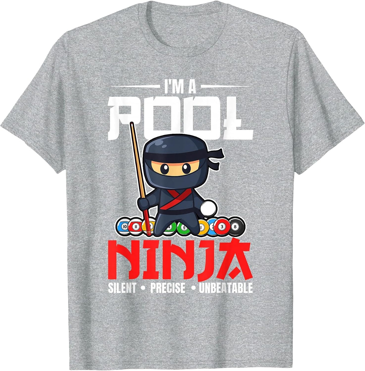 Billiards Pool Ninja 8 Ball Funny Men Boys Kids Billiard T-Shirt - Heather Grey