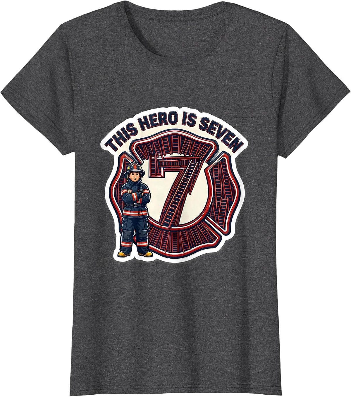 Women's This Hero Is Seven Cute Fire Truck Toddler Firefighter T-Shirt - Dark Heather Grey