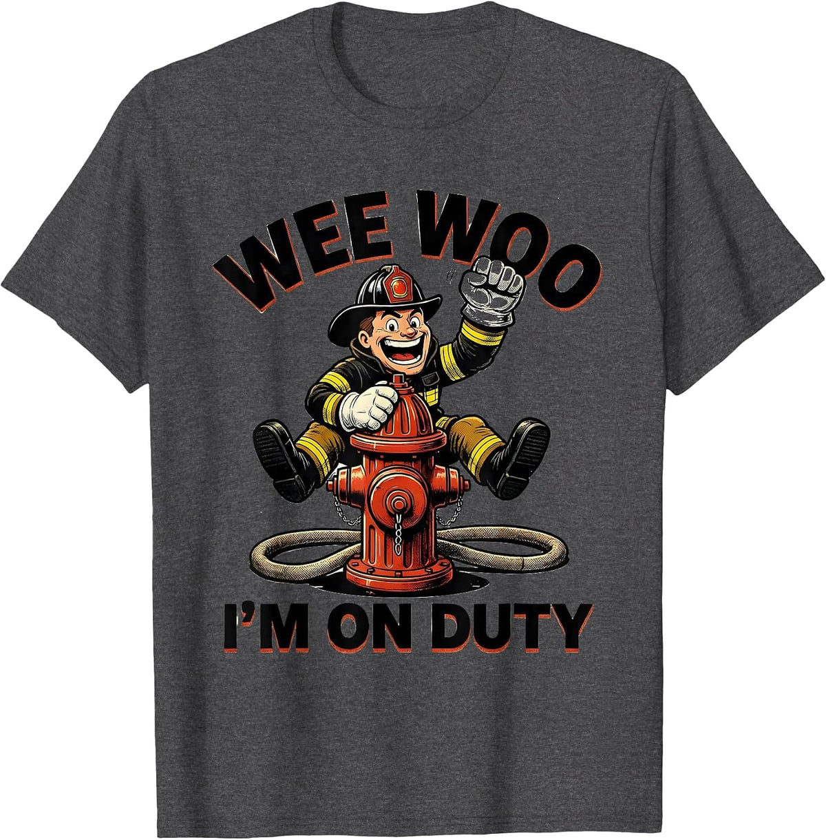 Wee Woo I'm On Duty Retro Cartoon Firefighter Humor Kids T-Shirt - Dark Heather Grey