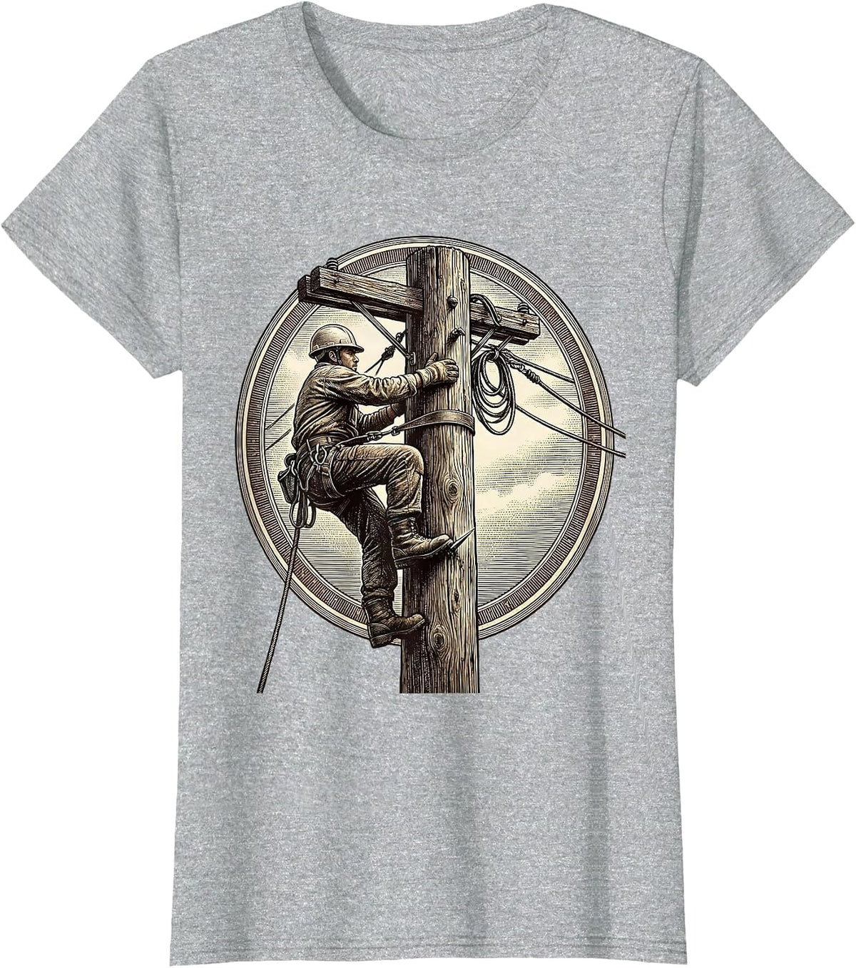 Electrician Climbing Utility Pole Graphic Tee T-Shirt - Heather Grey