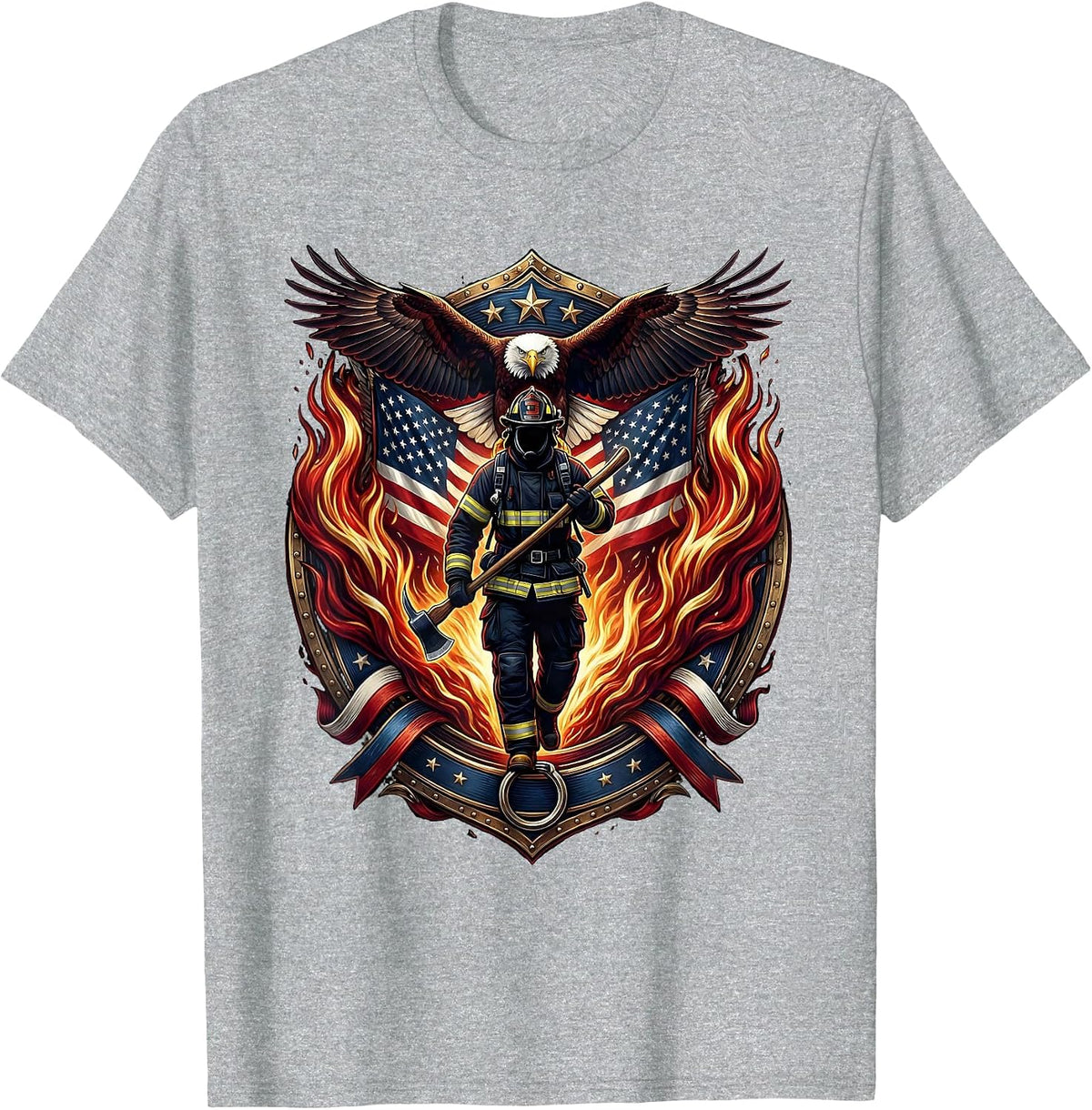 Men's Firefighter Silhouette Walking Through Flames T-Shirt - Heather Grey