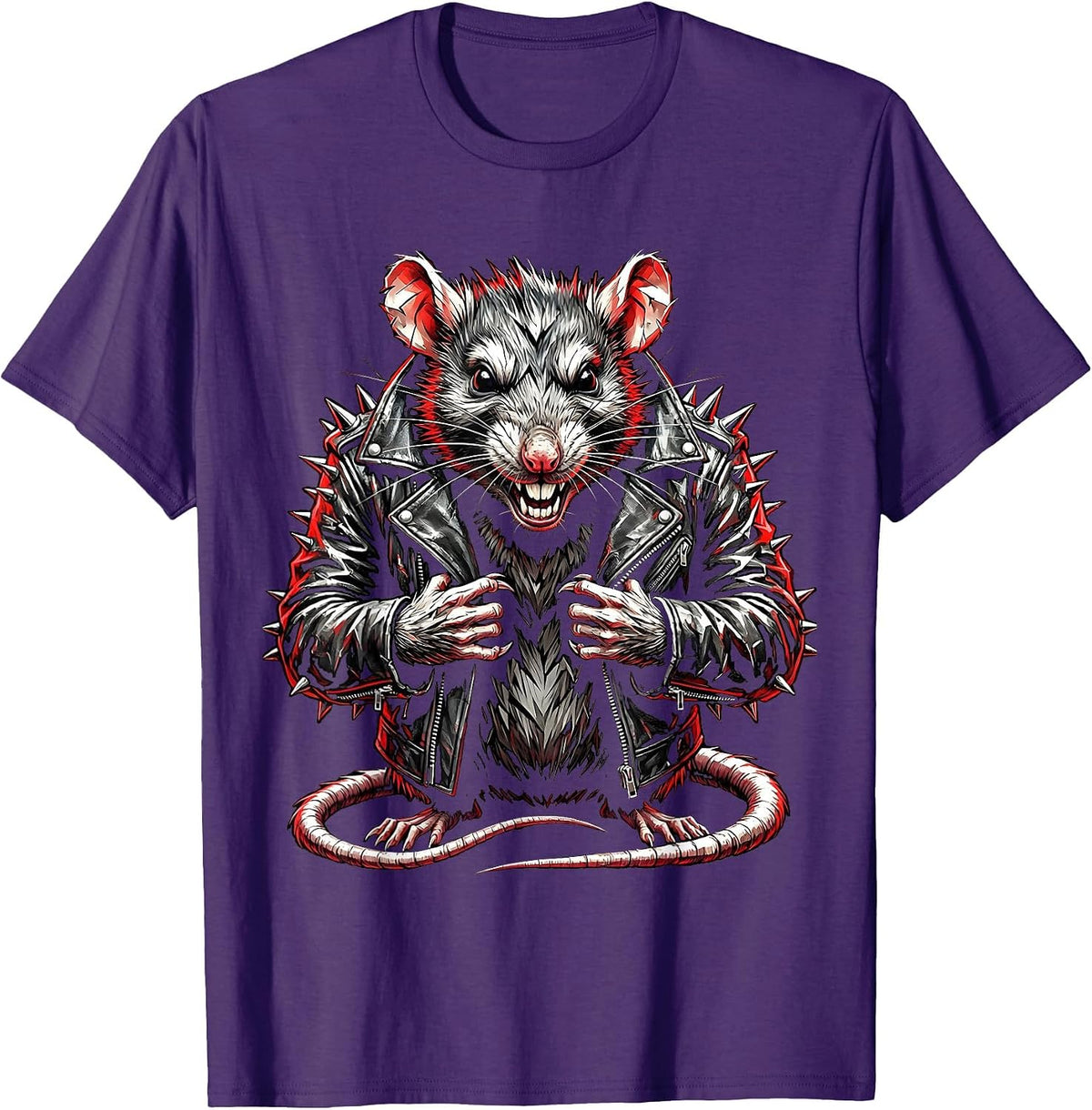 Punk Rat Spiked Leather Jacket Graphic T-Shirt - Purple