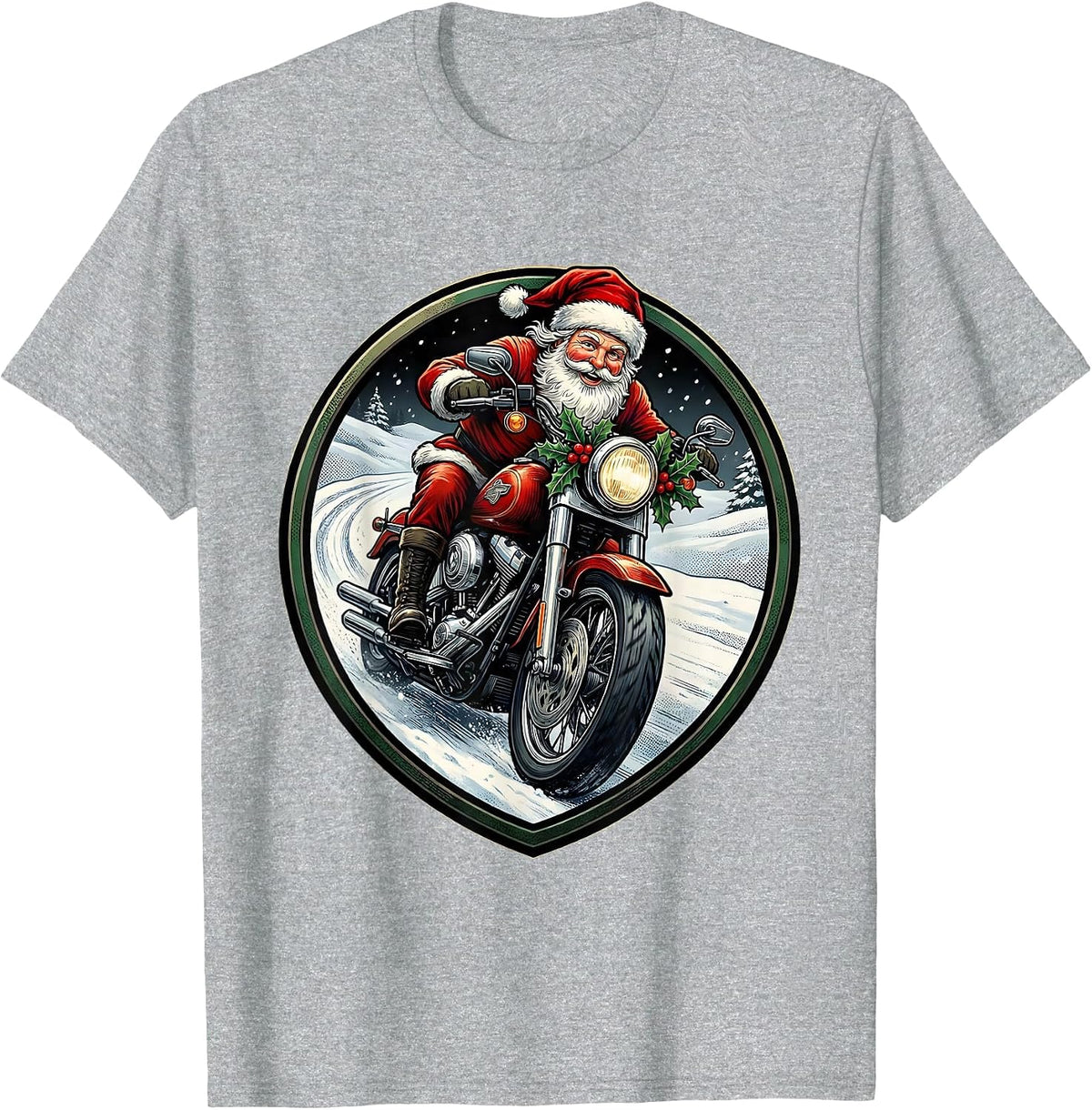 Men's Cheerful Santa Biker Motorcycle Rider Emblem Ugly Christmas T-Shirt - Heather Grey
