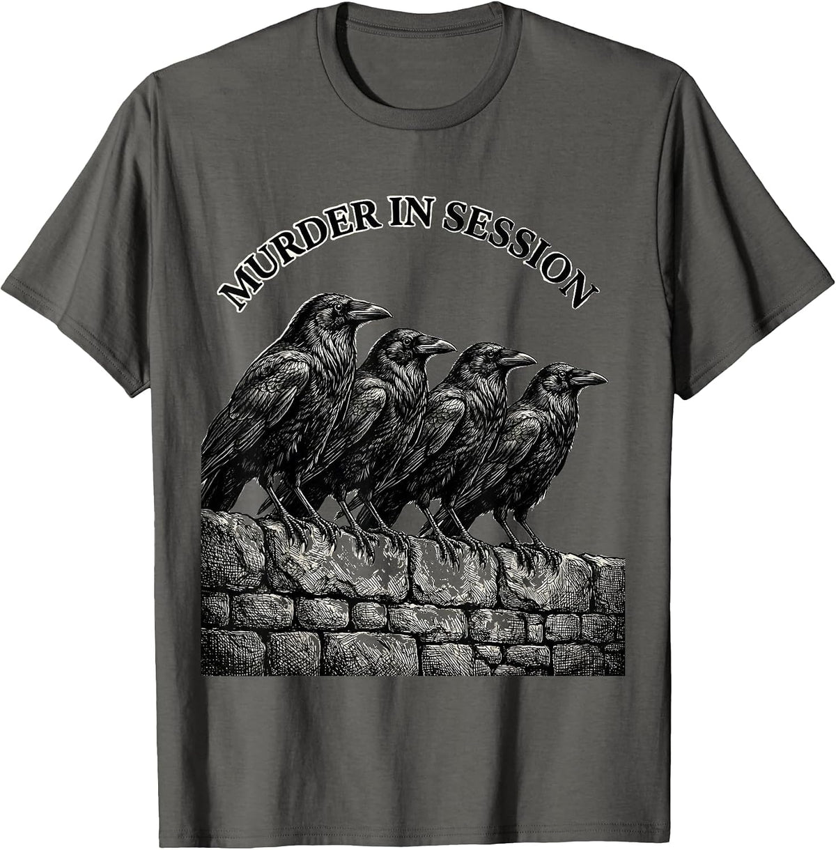 Men's Murder In Session Dark Humor Gothic Crow Raven Bird Lover T-Shirt - Asphalt Grey
