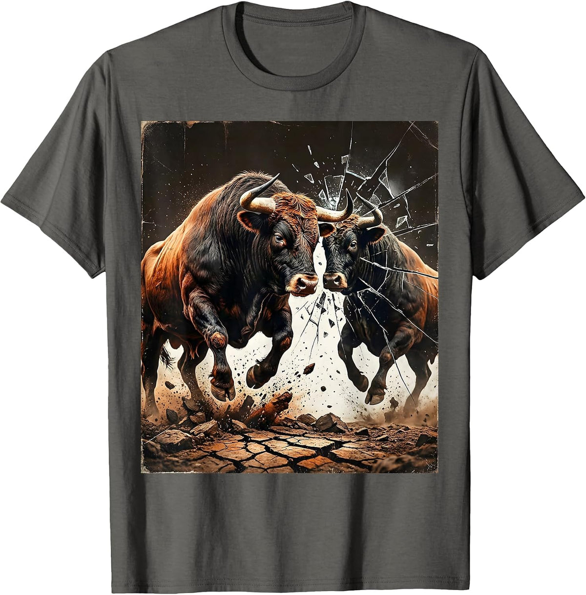 Bull Charging Its Reflection Graphic Design T-Shirt - Asphalt Grey