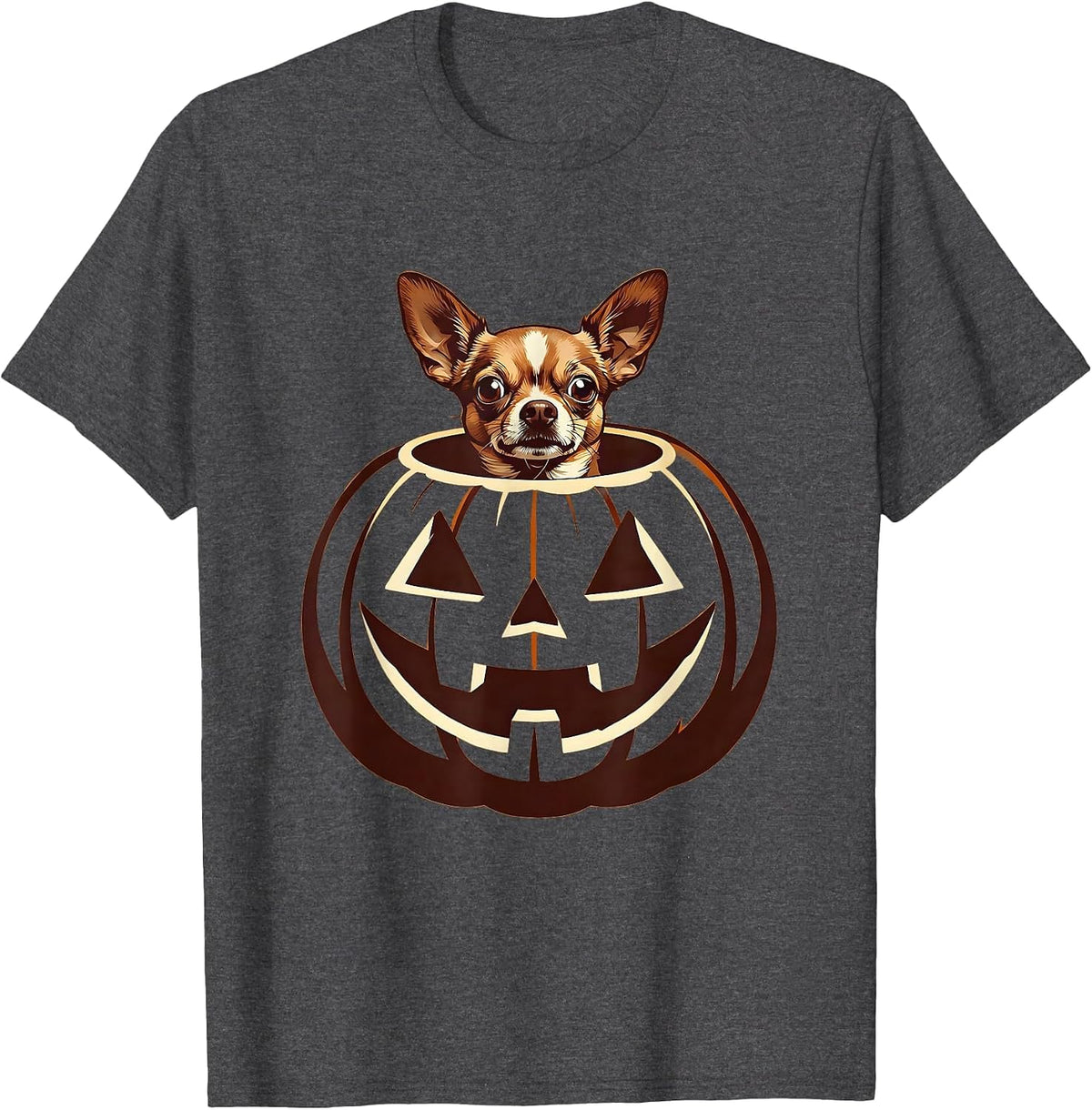Chihuahua In Glowing Pumpkin Halloween Design T-Shirt - Dark Heather Grey
