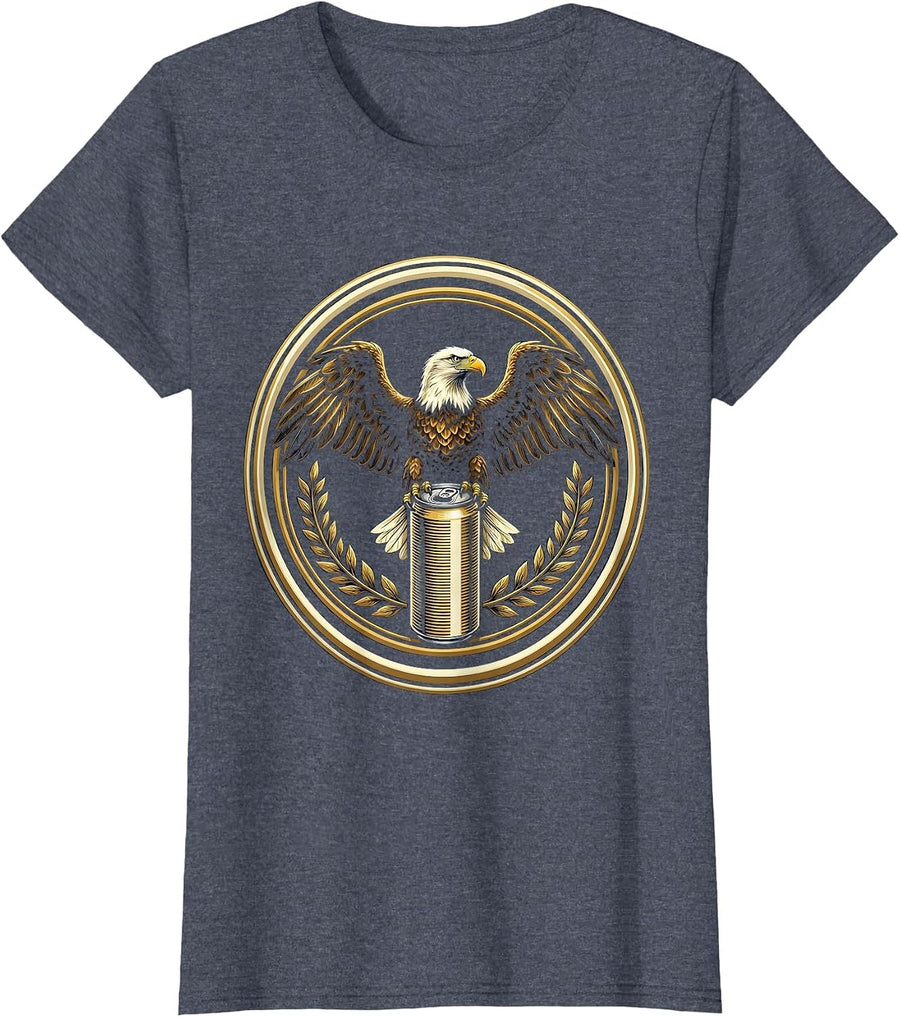 Women's Eagle Perched on Towering Soda Can Stack T-Shirt - Heather Blue
