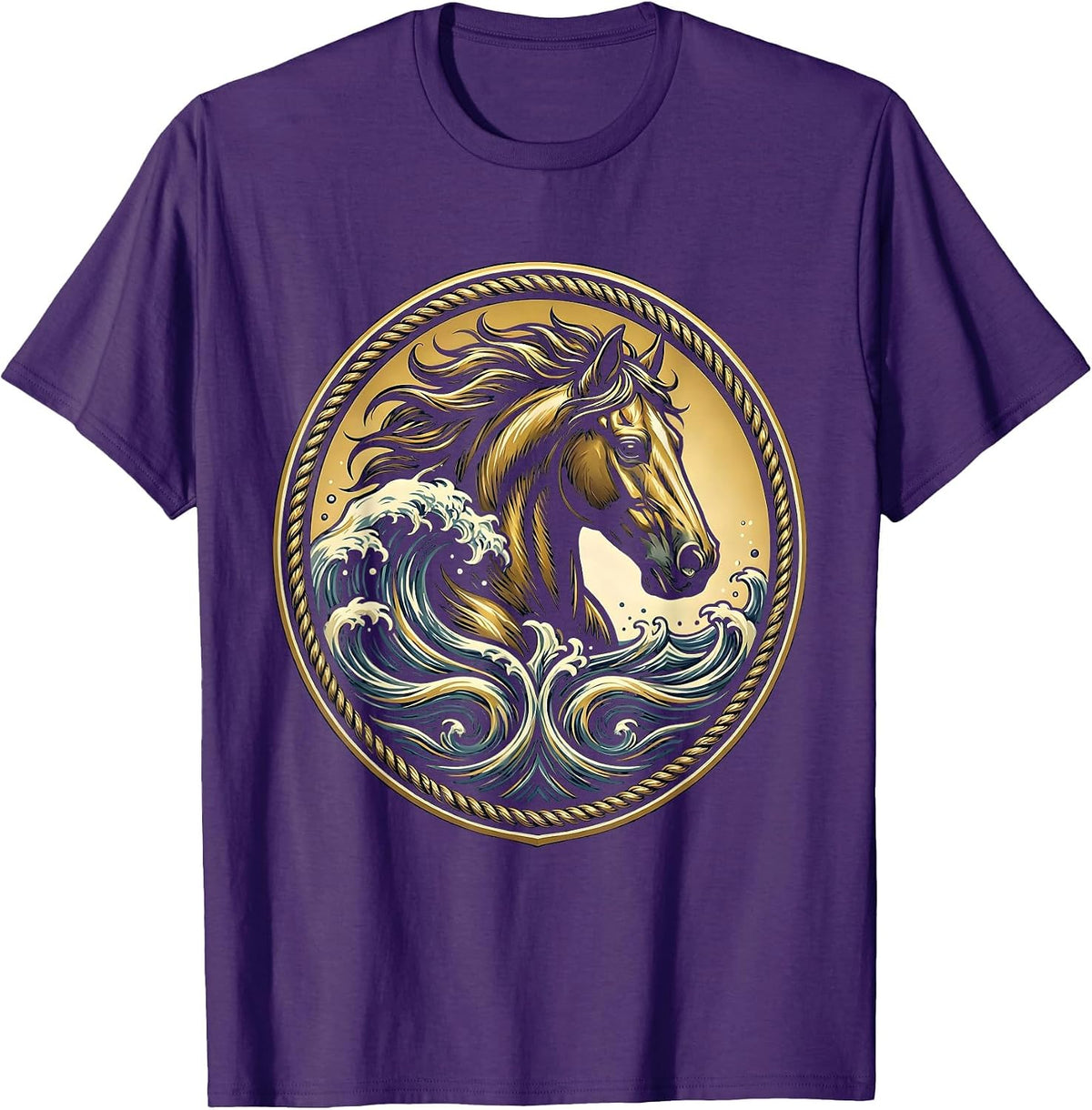 Horse Head Rising from Ocean Waves Graphic T-Shirt - Purple
