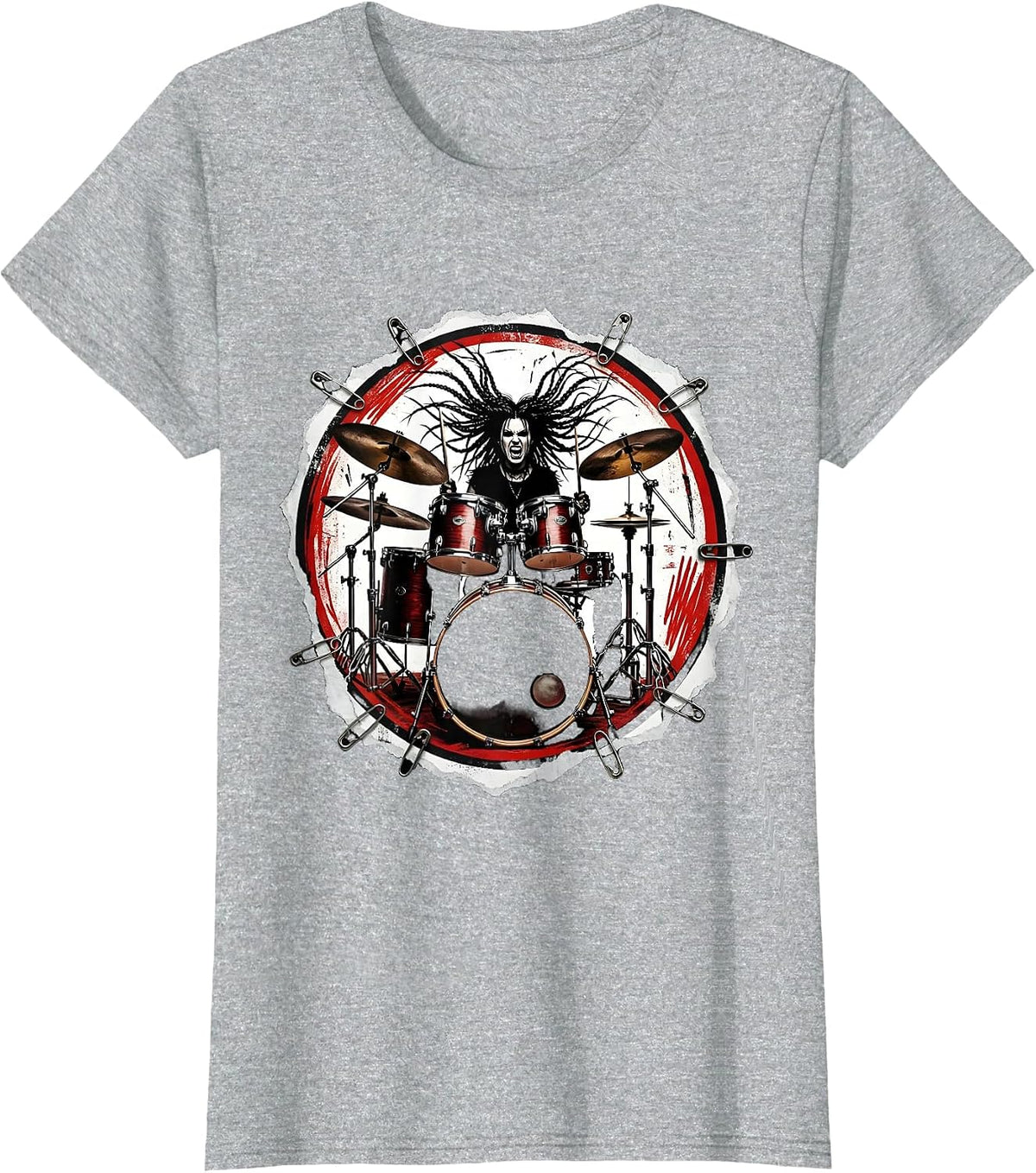 Drummer With Braids Behind Massive Drum Kit T-Shirt - Heather Grey
