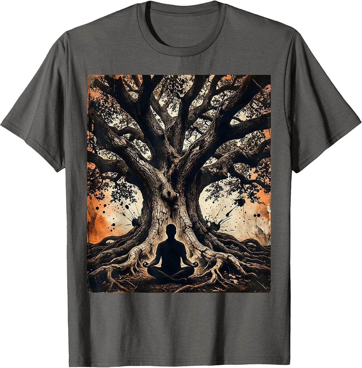 Men's Meditating Figure Under Ancient Twisted Oak Tree T-Shirt - Asphalt Grey