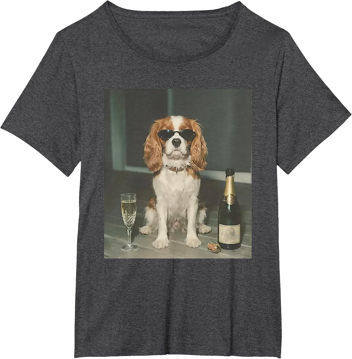 Cavalier King Charles Drinking Champagne T-Shirt - Dark Heather Grey