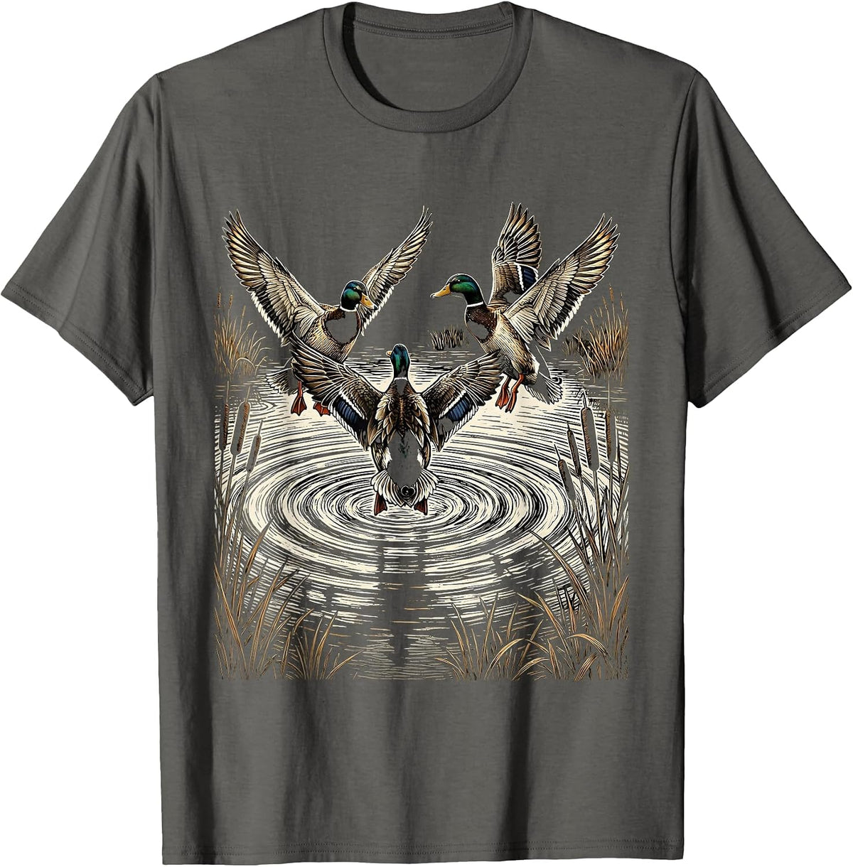Duck Hunting Overhead Landing Ducks on Water T-Shirt - Asphalt Grey