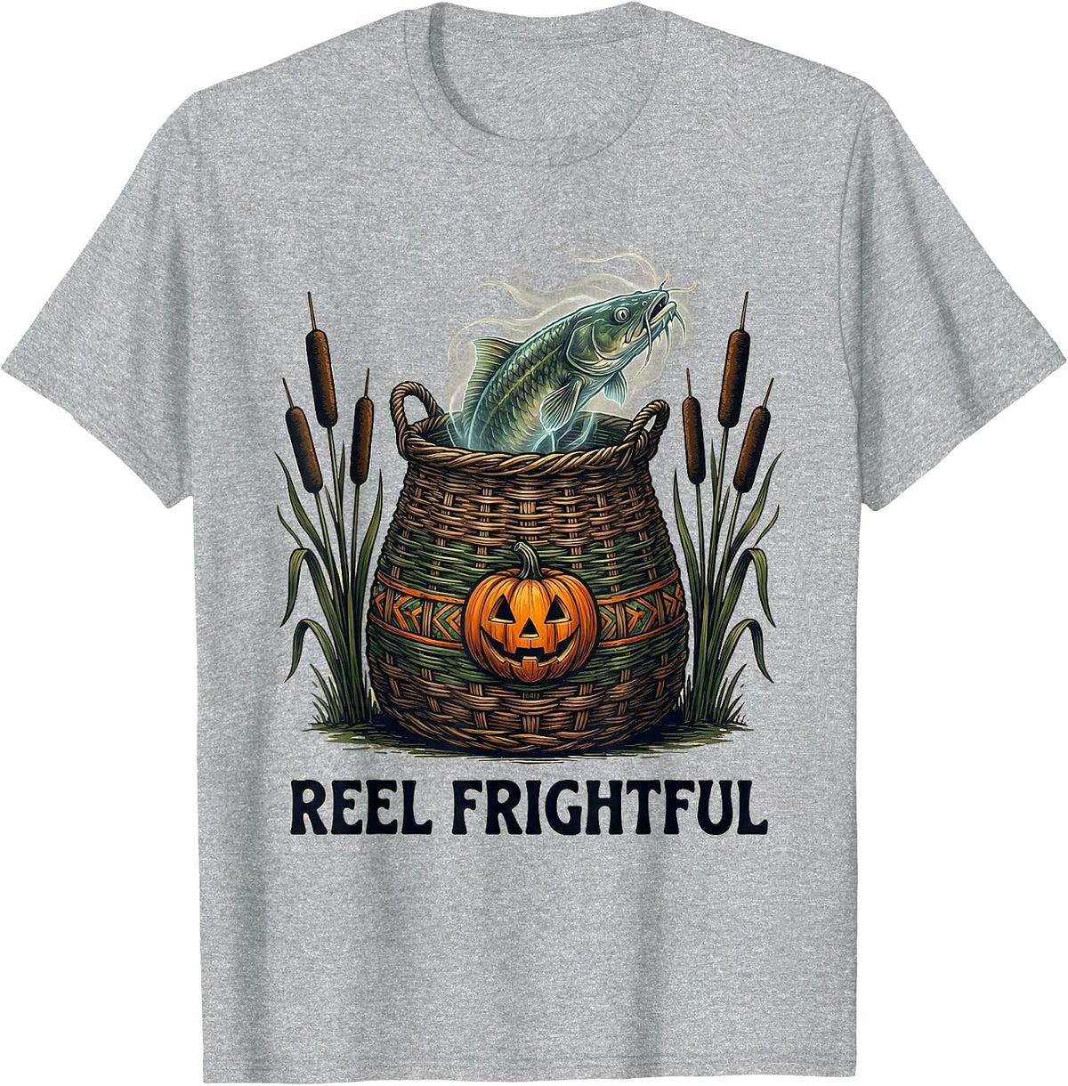 Men's Reel Frightful Folk Art Halloween Fishing Ghostly Catfish T-Shirt - Heather Grey