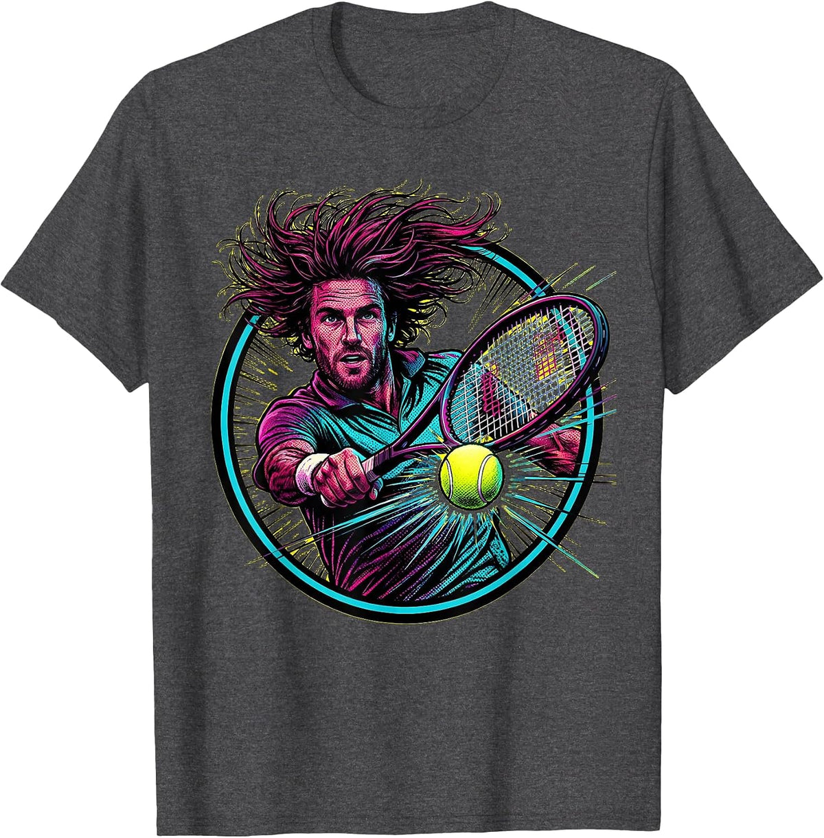 Fierce Backhand Wild Hair Flying Tennis Player T-Shirt - Dark Heather Grey