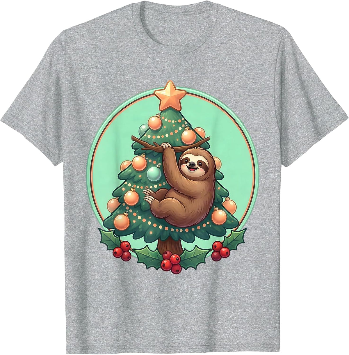 Men's Funny Sloth Hanging on Christmas Tree Holiday T-Shirt - Heather Grey