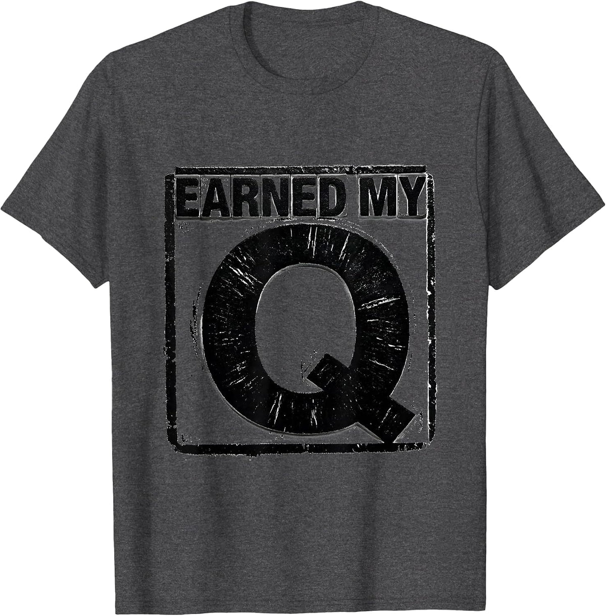Men's Earned My Q Varsity Initial Monogram Alphabet Rubber Stamp T-Shirt - Dark Heather Grey