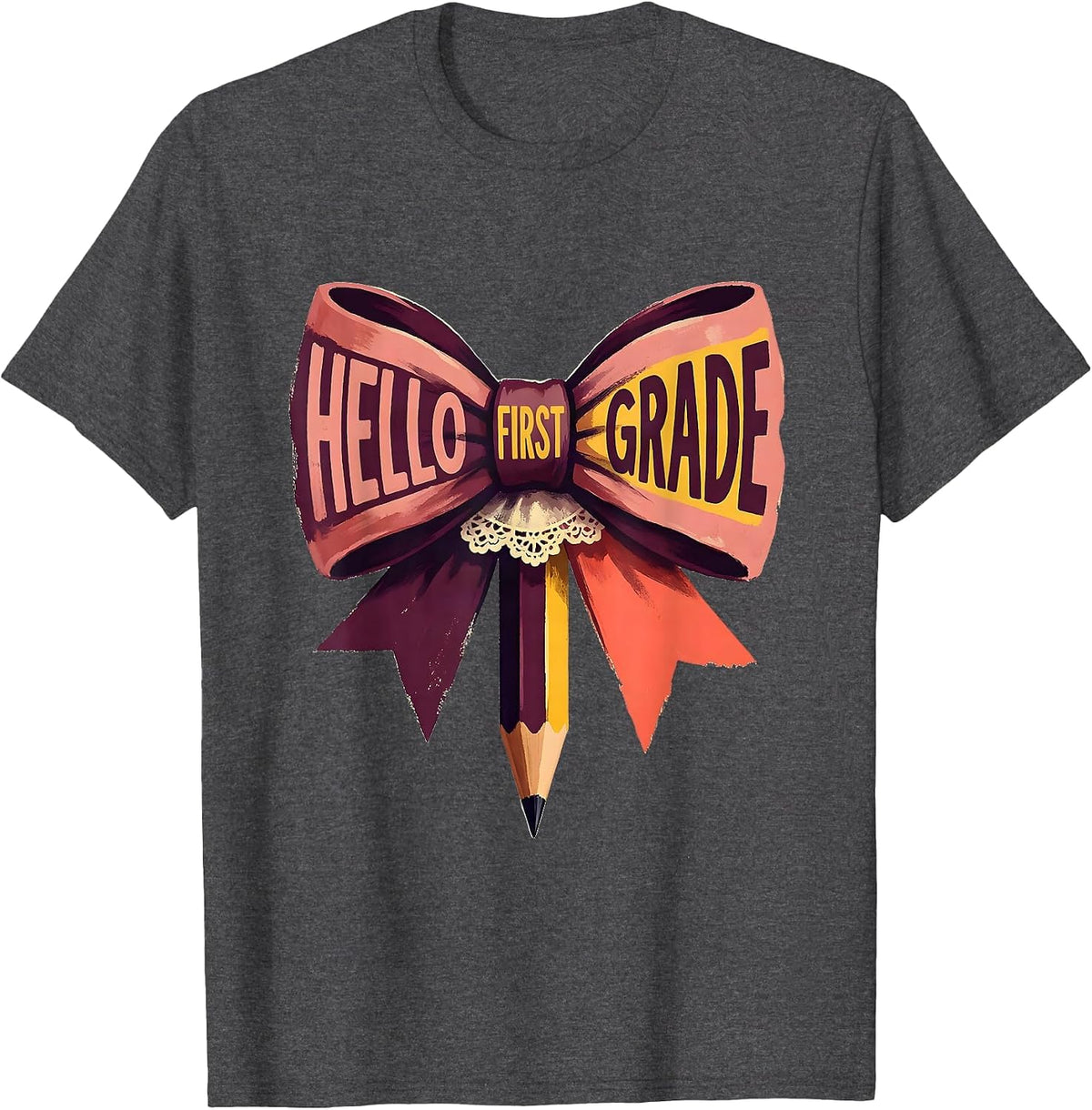 Hello First Grade Cute Coquette Bow Back To School Gift T-Shirt - Dark Heather Grey