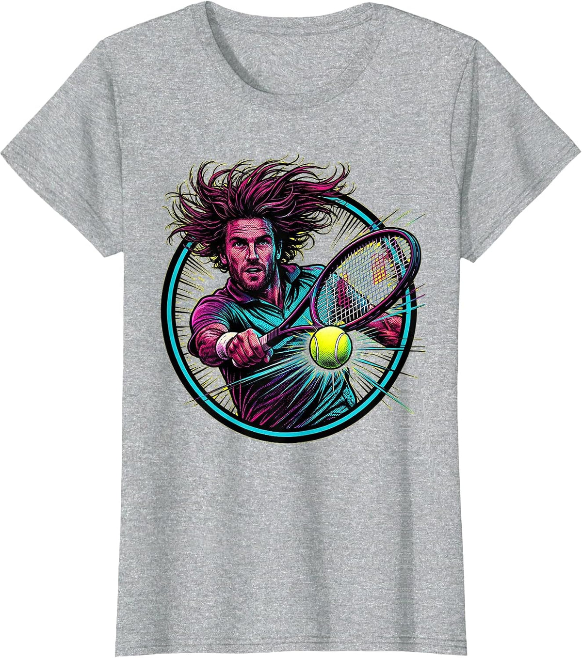 Fierce Backhand Wild Hair Flying Tennis Player T-Shirt - Heather Grey
