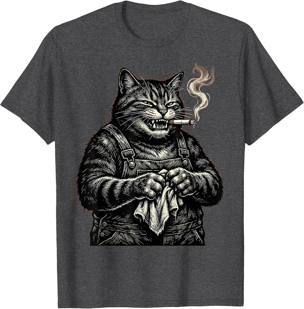 Men's Cat Mechanic With Cigarette Graphic Design T-Shirt - Dark Heather Grey